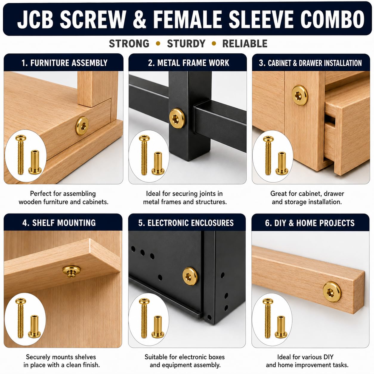 By VP INDUSTRIES (Combo -20 Pcs) M6x45 mm Allen JCB Head Screw with Sleeve Nut & Allen Key | Brass Gold Male-Female Connector for Wood Work, Electrical Fittings, DIY Projects & Industrial Use — Amazon image 5