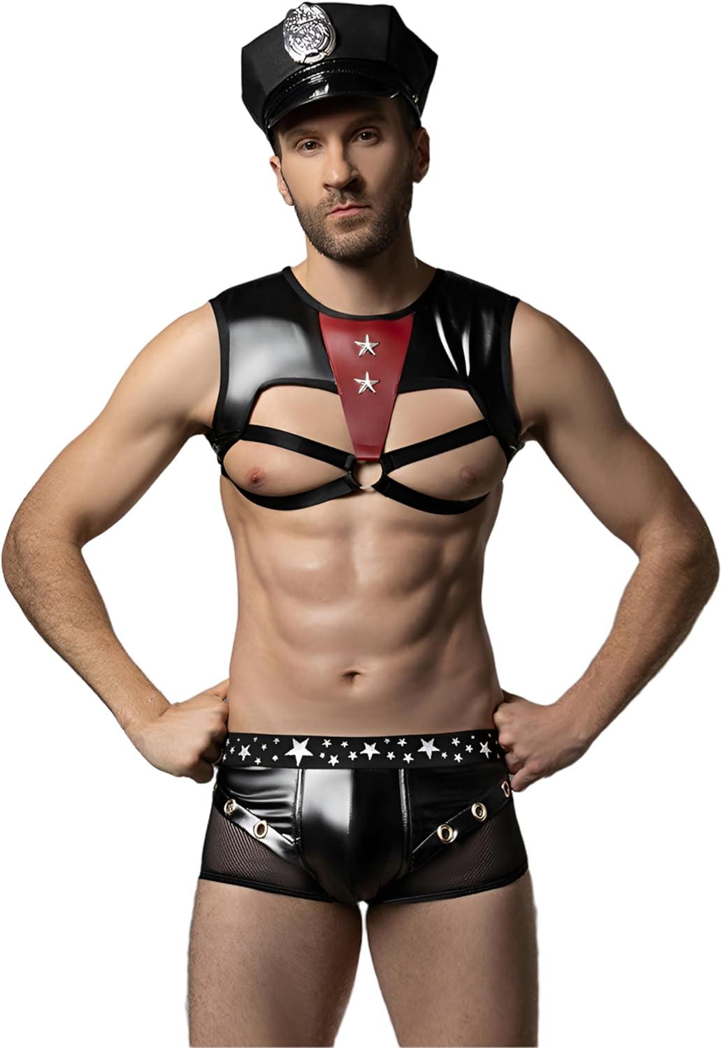 Men's Sexy Police Costume, Tops, Officer Hat & Boxer Briefs Set for Clubwear & Roleplay