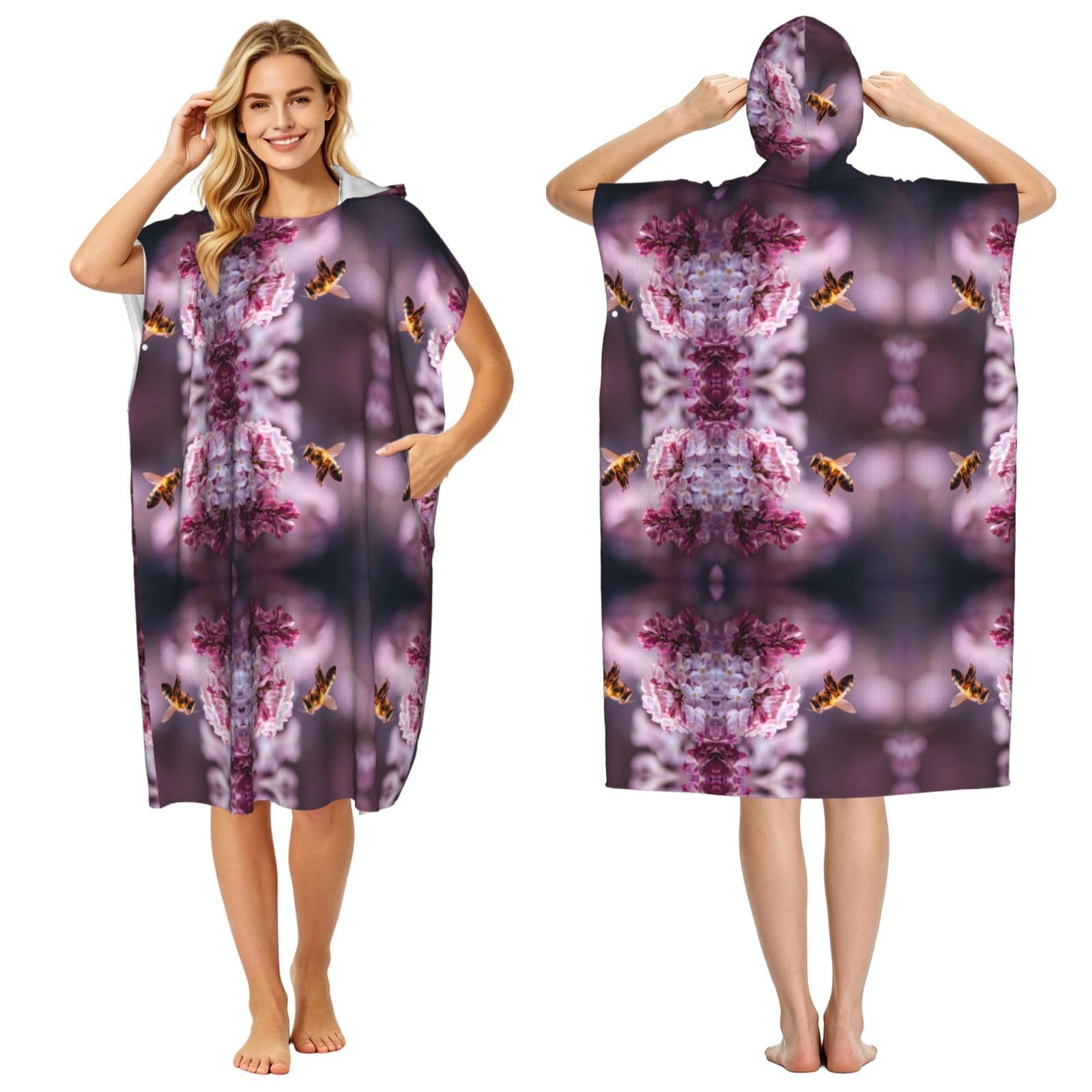 EZDLOWVBA Bee Pollinating Lilac Print Hooded Poncho Microfiber Beach Towel,Adult Women & Men Changing Robe,Lightweight Summer Surf Swim Bath Poncho Towel