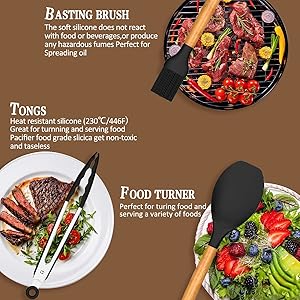 Umite Chef Kitchen Cooking Utensils Set, 33 pcs Non-Stick Silicone Cooking Kitchen Spatula Set with Holder, Wooden Handle Silicone Kitchen Gadgets Utensil Set (Black)