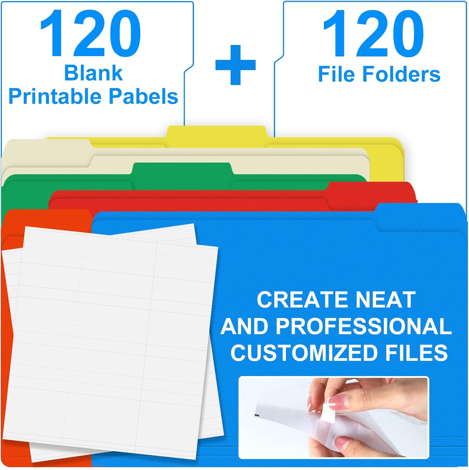 File Folder, HERKKA 120 Pack 1/3 Cut Tab File Folders, Colored File Folders Designed for Office and Classroom Use, Letter Size, Assorted 6 Colors