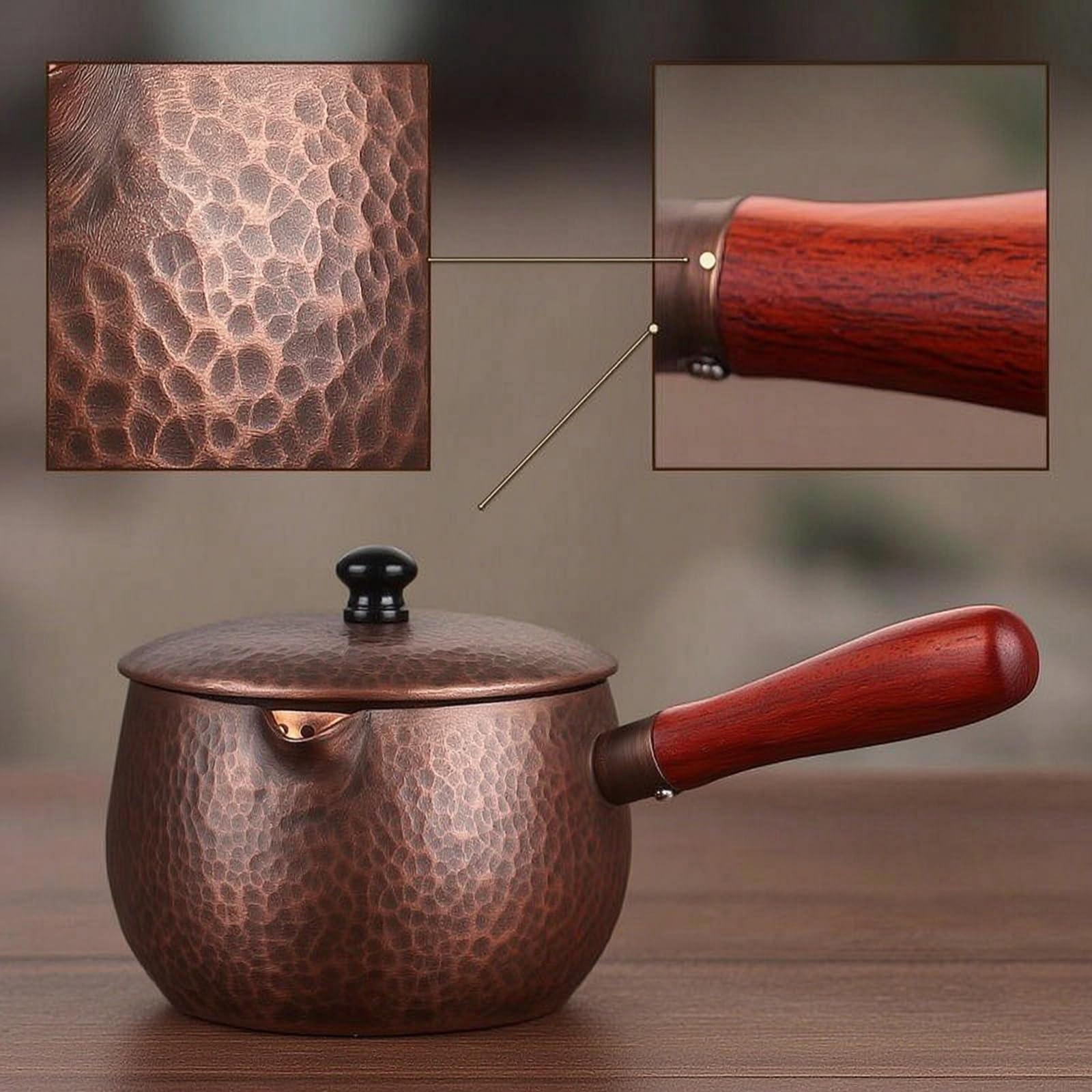 Teiera in Rame Martellato Teiera Bollitore Caraffa Infusiera con Manico in Legno Versamento Controllato Coperchio Sicuro Compatta Adatta per Servizio Del Tè Domestico Degustazioni Regalo