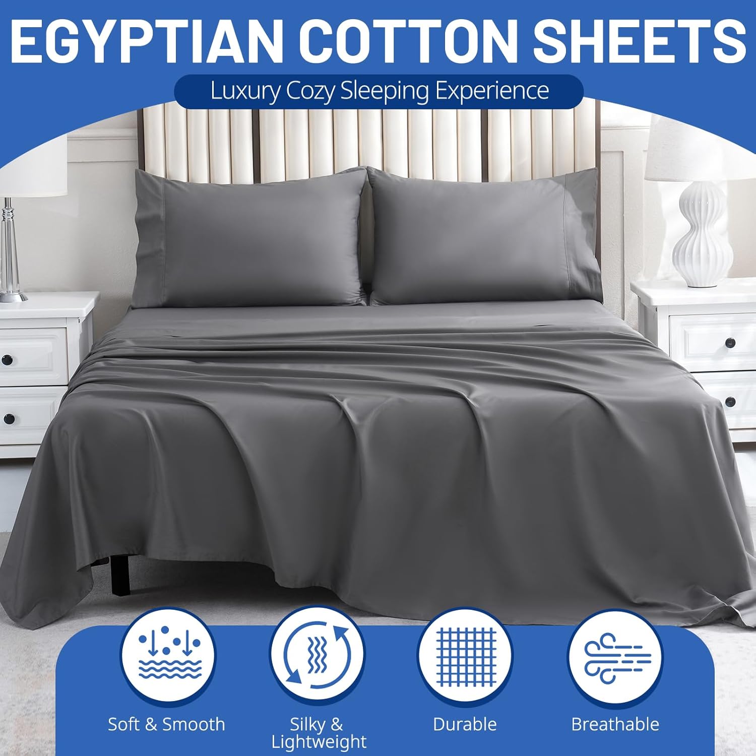 Bedlifes 100% Egyptian Cotton Sheets King Size-400 Thread Count Cooling Sheets for Hot Sleeper-Breathable Soft Silky Sateen Weave Luxury Bed Sheets with 16”Deep Pocket-4 Piece-King-Dark Grey - Image 2