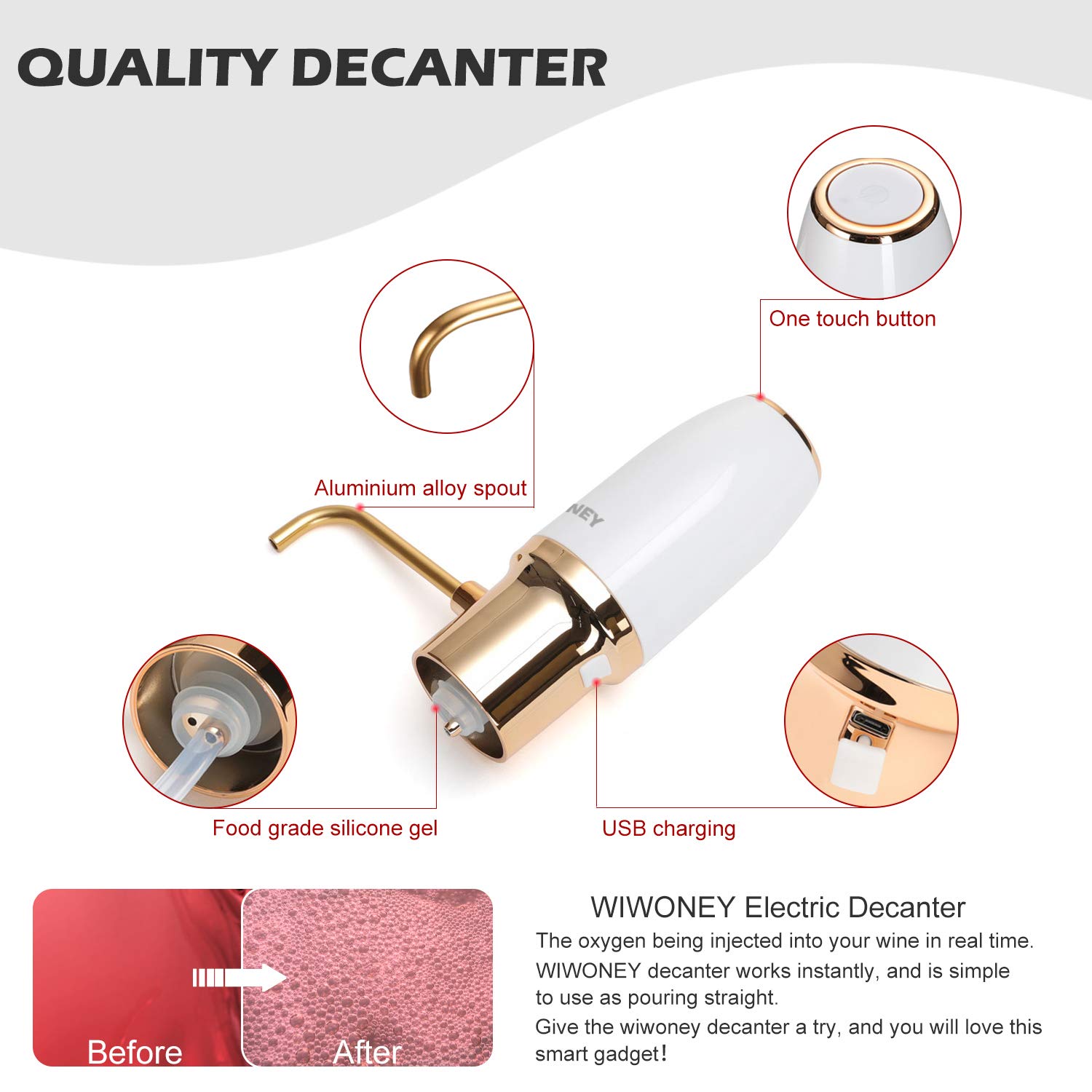 Aireador y Vertedor Eléctrico de Vino, Decantador de Vino Automático, Dispensador de Vino con Cable Micro USB