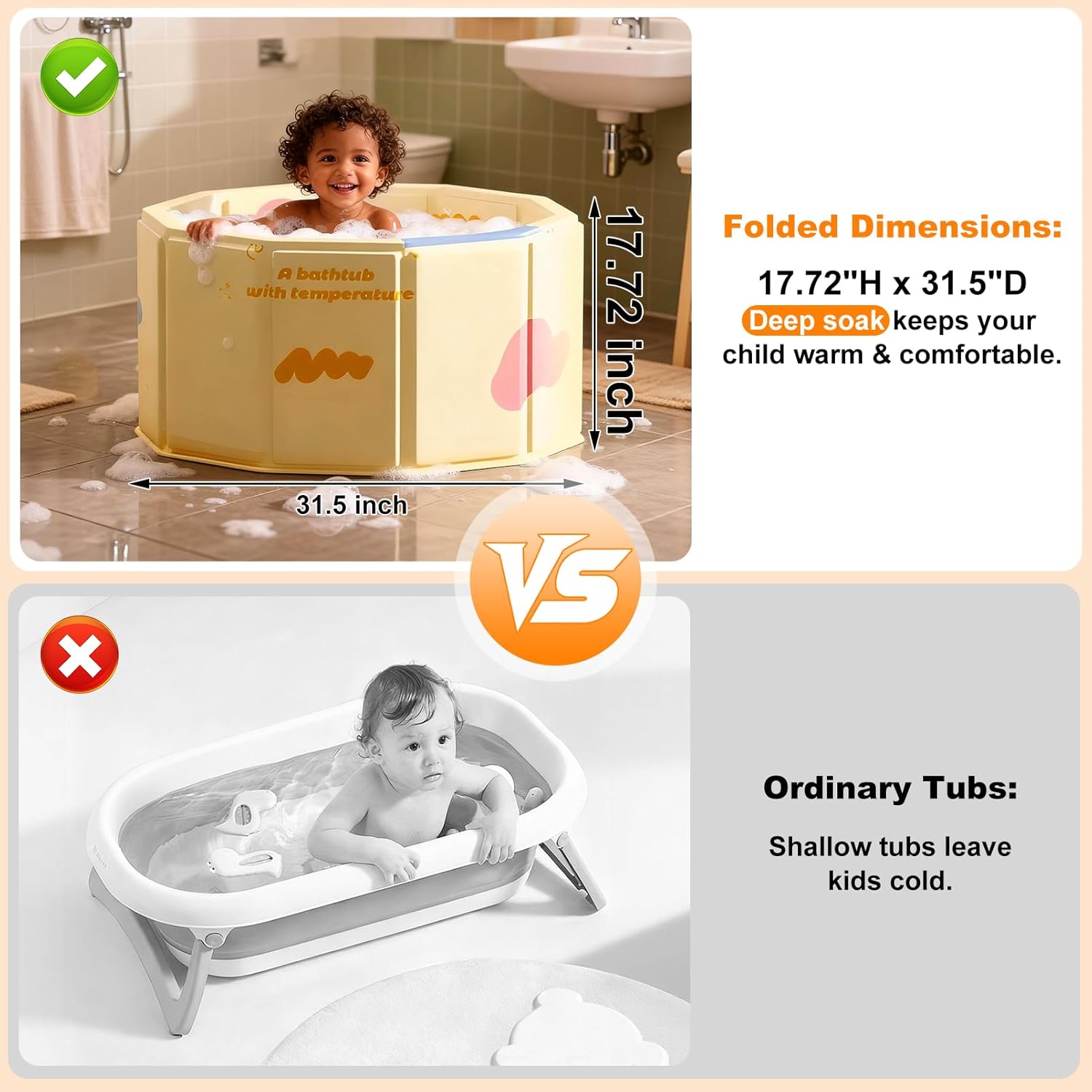 Portable Bathtub for Kids 27.5"x31.5" Collapsible Cold Plunge Bathtub Foldable No Installation Ice Bath Tub for Shower Stall, Bathroom Hot SPA Soaking Standing Tub