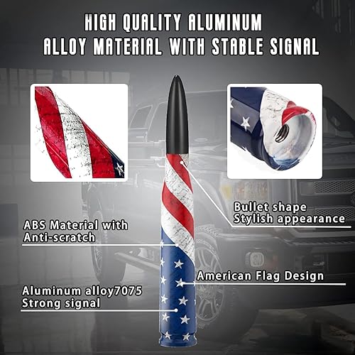 Miniatura 2 de Antena de bala para camión con tapas de vástago de válvula, diseño de bandera estadounidense, mástil para GM Chevy Silverado 1500 2500 3500 HD Ford