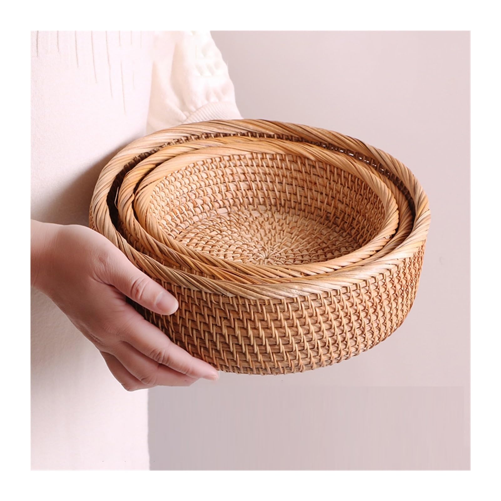 Set of 3 Round Handwoven Rattan Baskets Woven Bread Basket Fruit Bowl Storage Organizer Stackable Farmhouse Decor for Kitchen Fruit Bread Baskets for Serving