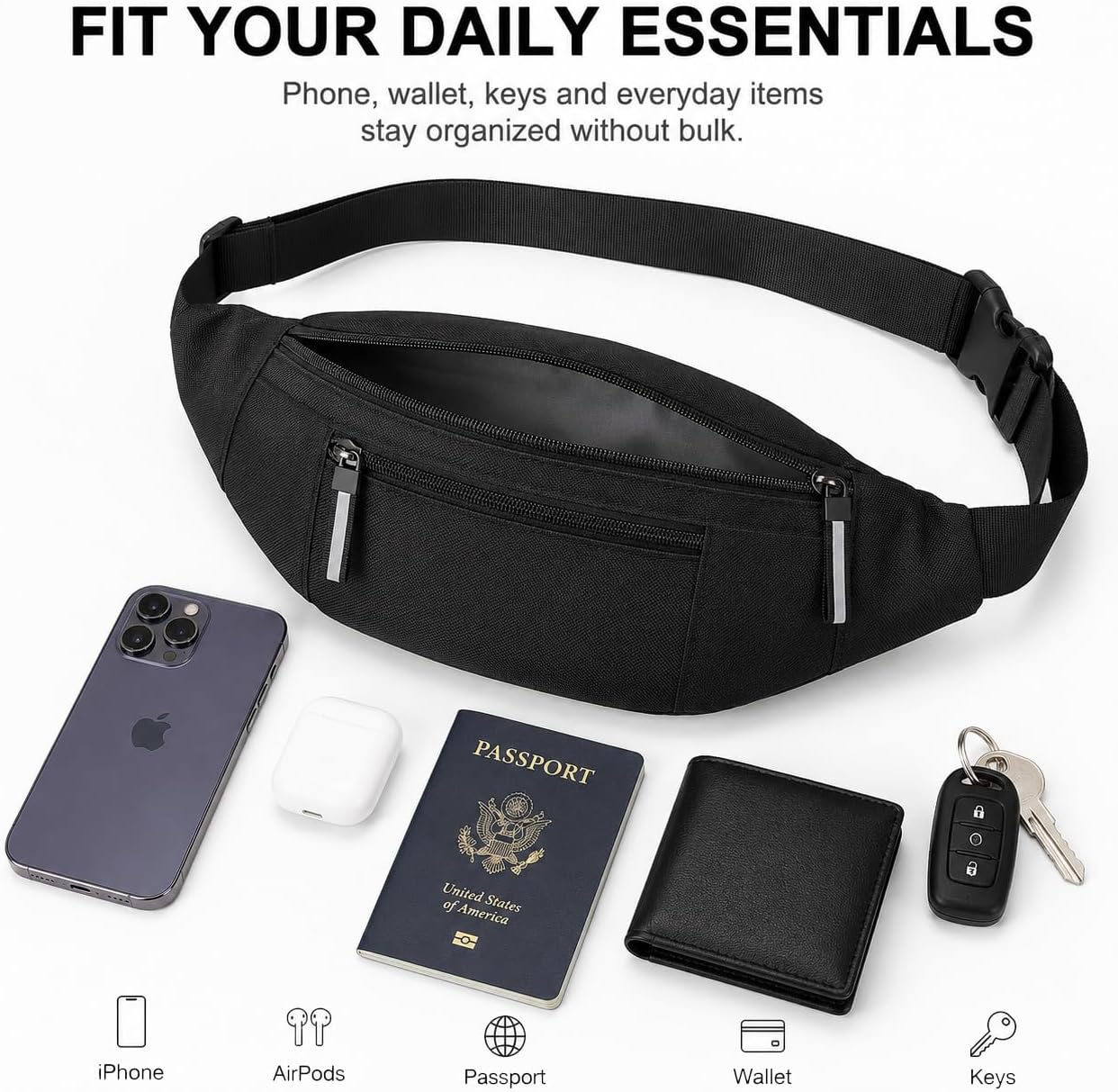 Entchin Belt Bag for Women Men, Lightweight Crossbody Fanny Pack with 2 Zipper Pockets, Adjustable Sling Bag for Travel, Walking, Running & Everyday Use (Black)