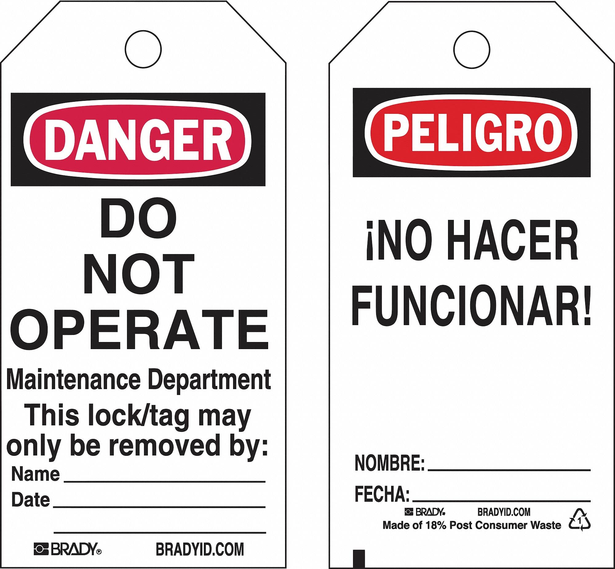 Brady - 133547 - Lockout Tag, Paper, Do Not Operate Maintenance Department, 5 3/4 in x 3 in, 1 EA