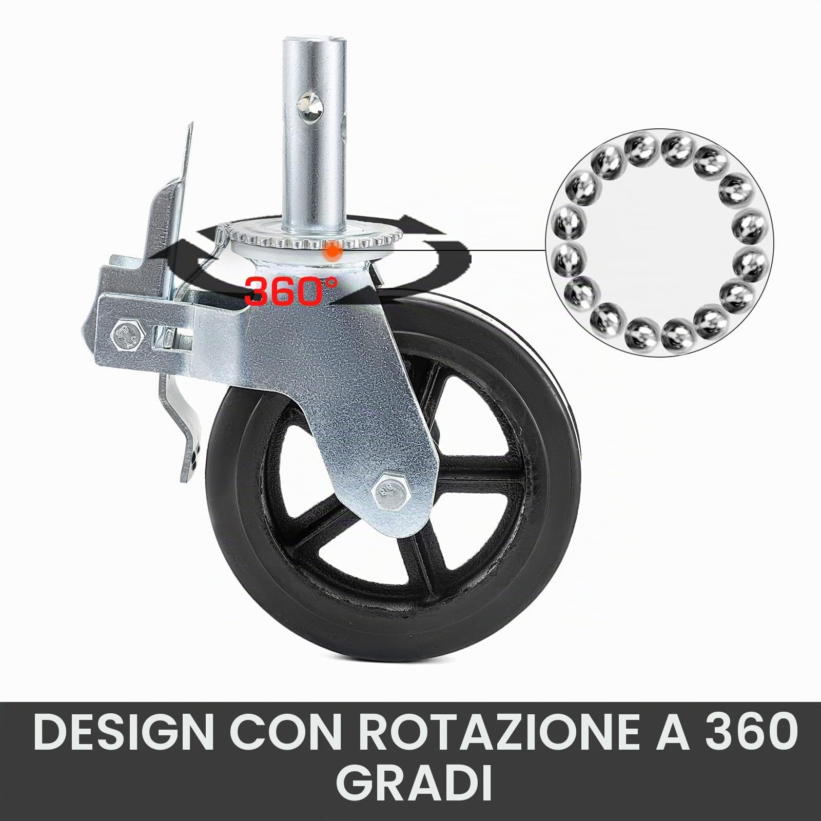 VEVOR Ruote Girevoli in Poliuretano, Ruote con Stelo Girevole con Doppio Freno di Bloccaggio, Piedini Regolabili, Capacità di Carico di 1100 Libbre per Ruota, Confezione da 4, 8 Pollici