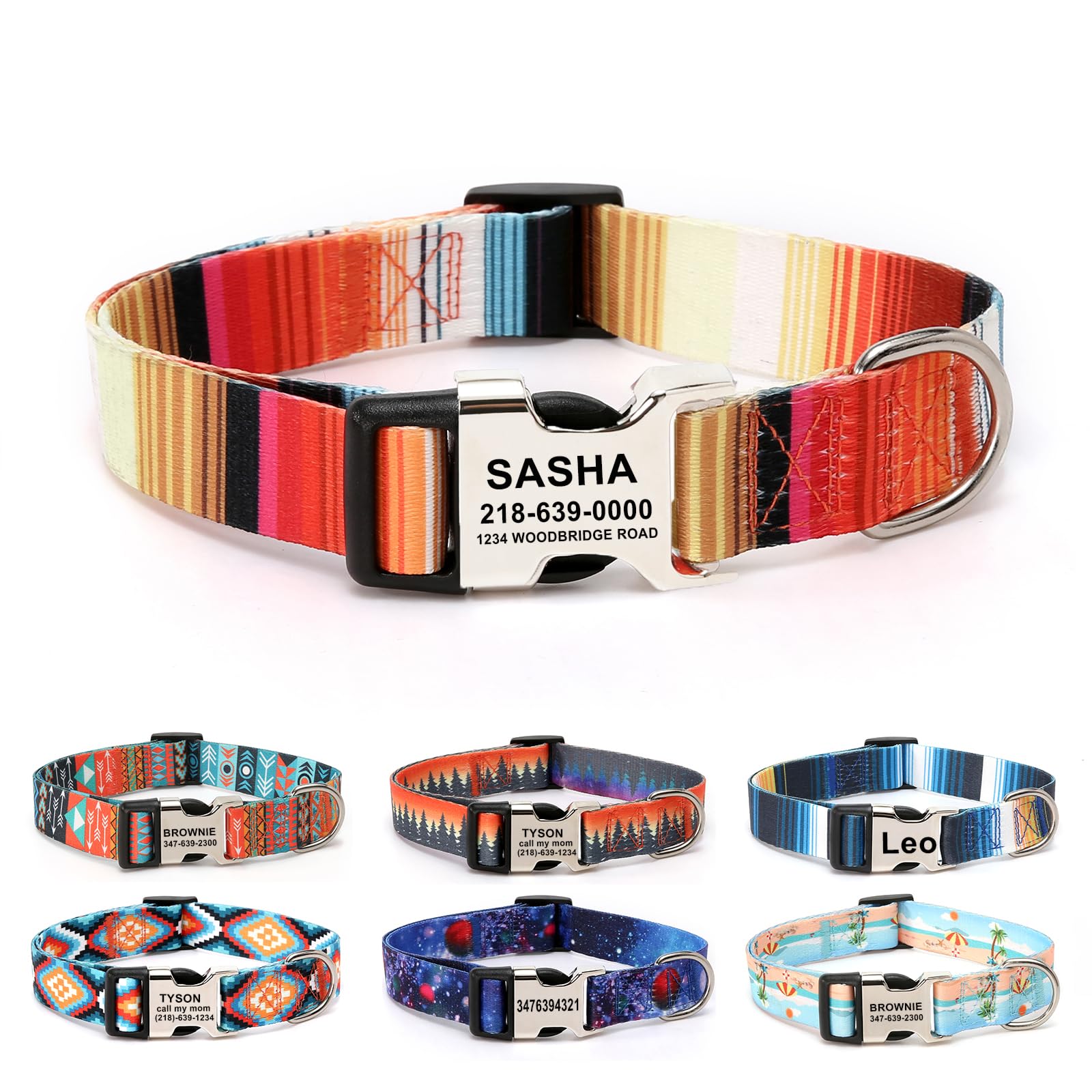 Collar para Perro Personalizado de Nylon, diseño de Moda, Cierre metálico, Grabado láser, tamaño Ajustable, Personalizable con Nombre y teléfono, Adecuado para Todos los Perros (Franja Naranja)