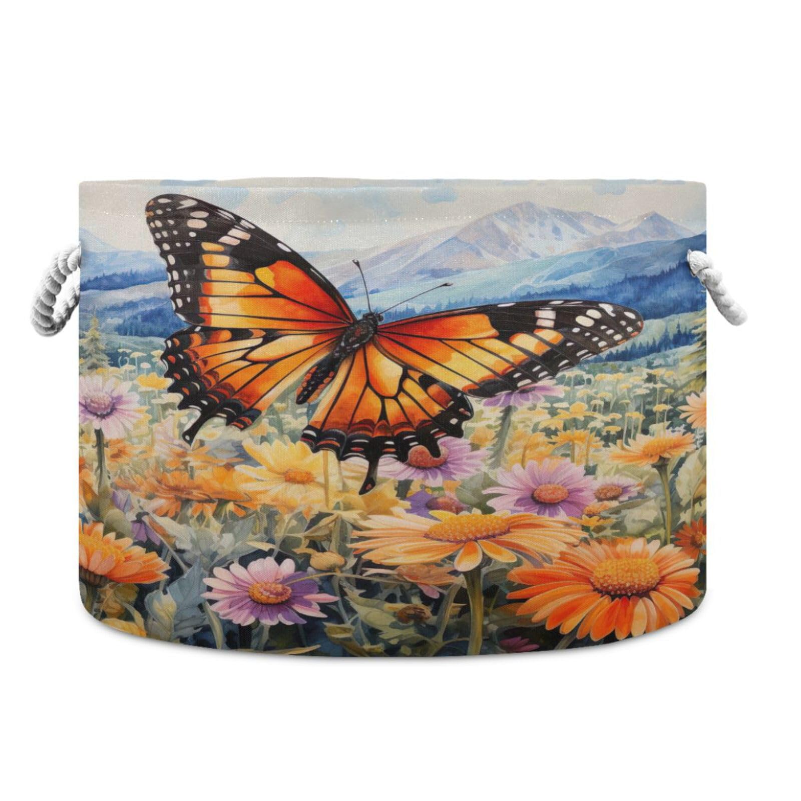 Round Orange and Black Butterfly Flower Storage Basket Large Organizer Bin Laundry Hamper Toy Storage Basket with Handle for Nursery Clothes Toys 202b4426