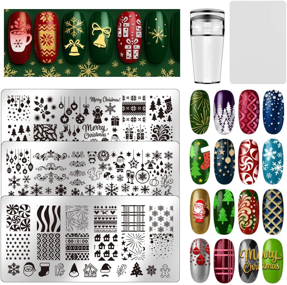 UNICRAFTALE 5Pcs Nails Stamp Plates Template Set Christmas Stamping Plate Christmas Textures Stamp Templates Image Nail Stencils Nail Art Plates for Women DIY Print Manicure Salon Design