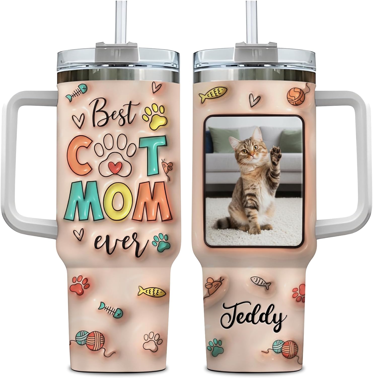 Hyturtle Personalized Best Cat Mom Ever 40 Oz Tumbler With Handle, 2D Custom Photo Cat Mom Tumbler With Lid And Straw, Stainless Steel Cats Lover Gift For Women, Mothers Day Birthday Gift