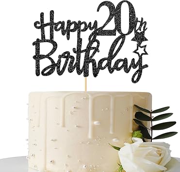 Black Glitter Happy 20th Birthday Cake Topper for, Hello 20th Anniversary, Cheers to 20 Years Party Decorations