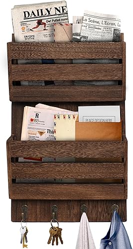 Organizador de correo de pared con 4 ganchos para llaves, clasificador de correo colgante de madera rústica, soporte para llaves de granja para
