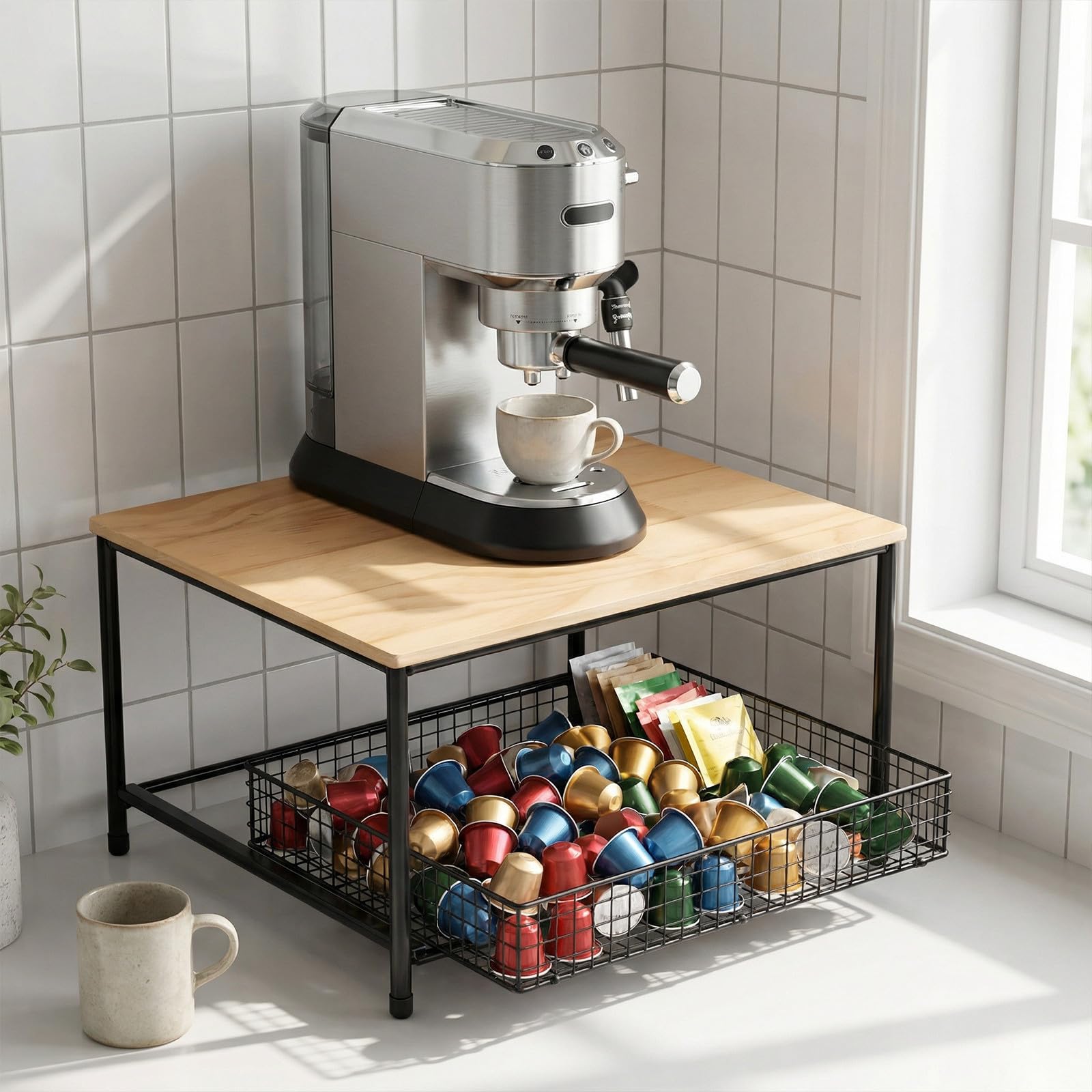 Encimera: estante de cocina de metal con cajón extraíble para freidora de aire, microondas, horno y soluciones de almacenamiento de cocina en el hogar