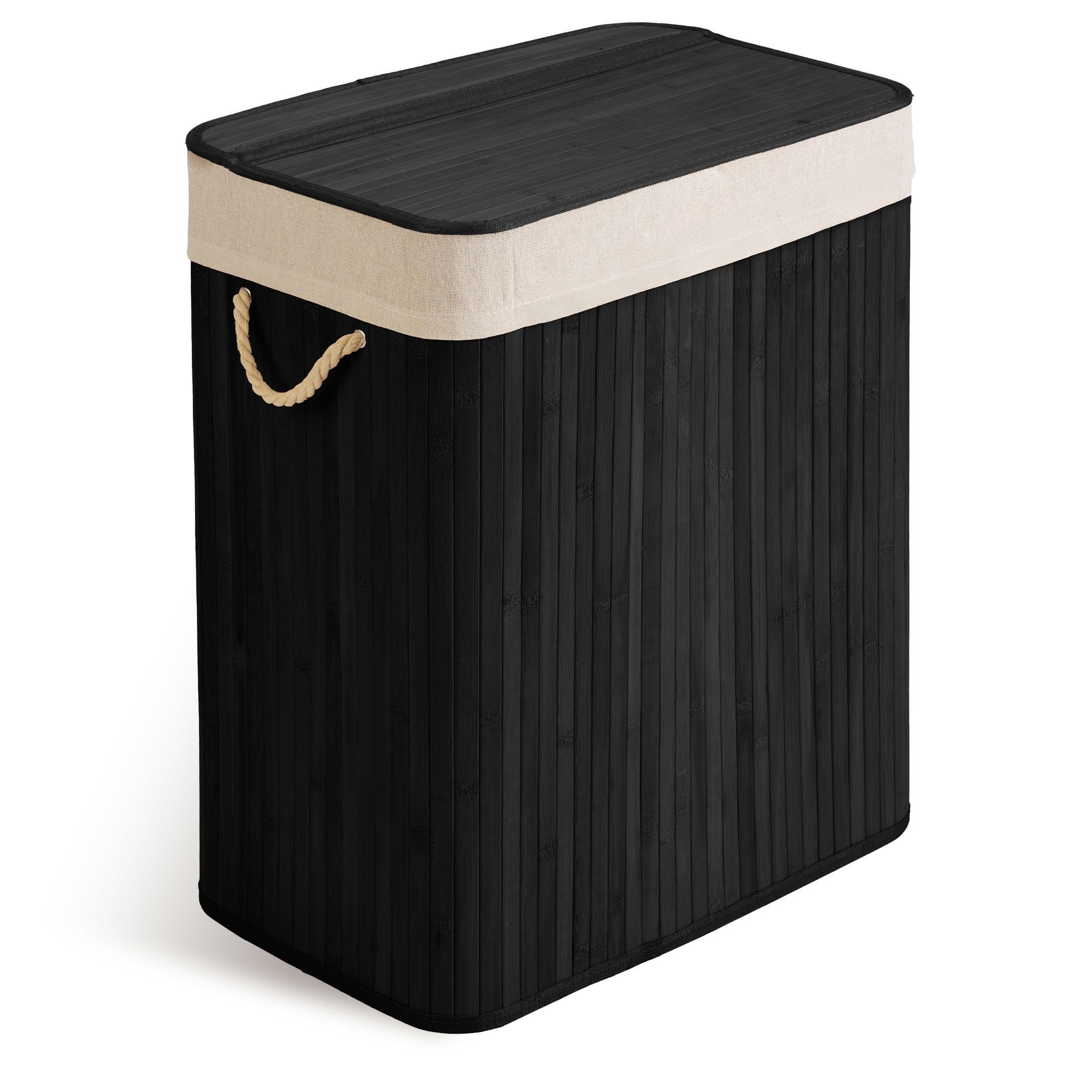 Massido Laundry Basket 2 Compartments 100 L with Lid and Laundry Bag Bamboo Laundry Sorter Black 61 x 54 x 34 cm