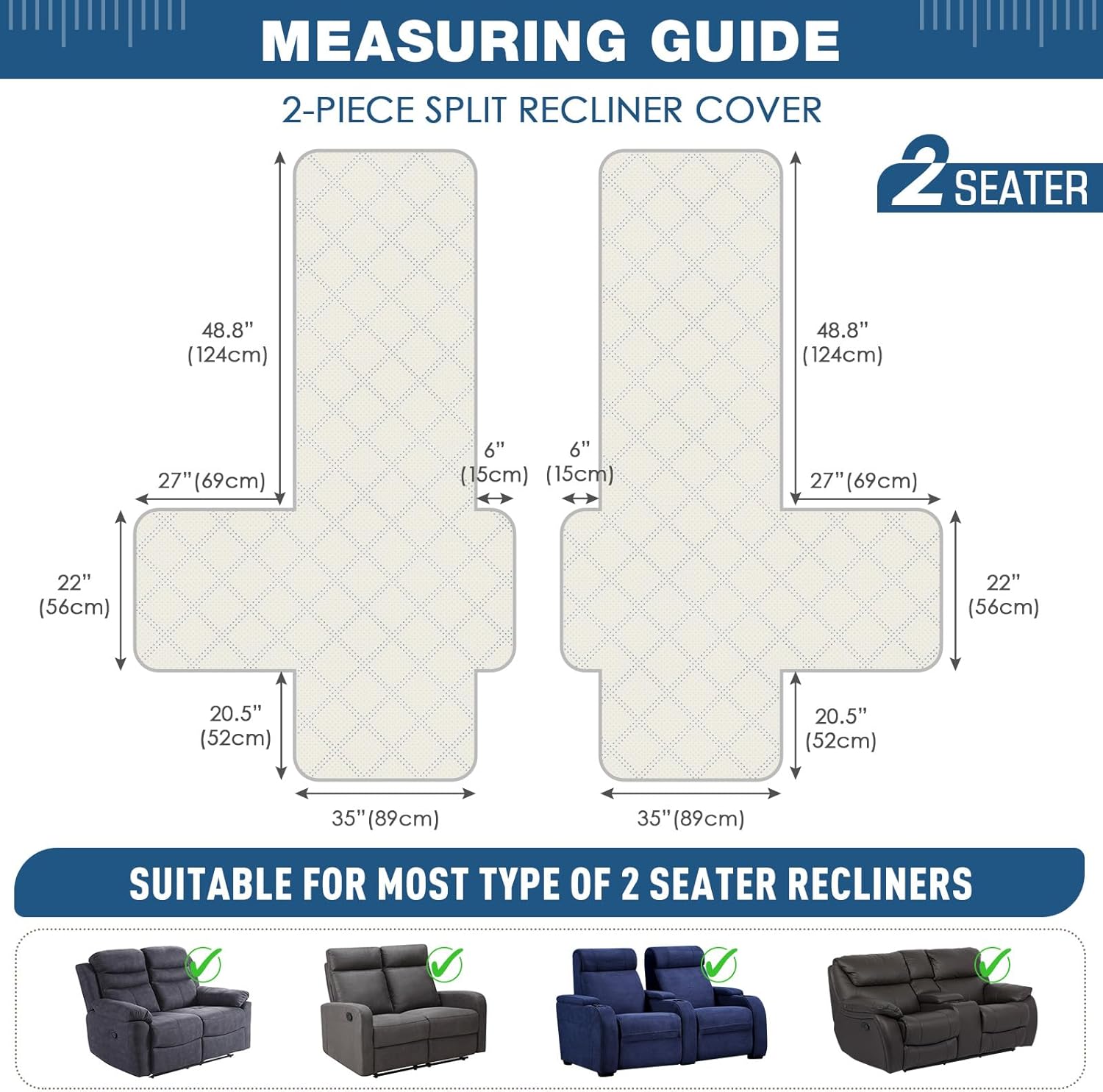 TAOCOCO 100% Waterproof Oversized Loveseat Recliner Cover, Non Slip Split Couch Covers for Reclining Loveseat with Elastic Straps for Kids Pets(Oversized 2 Seater, Gray)