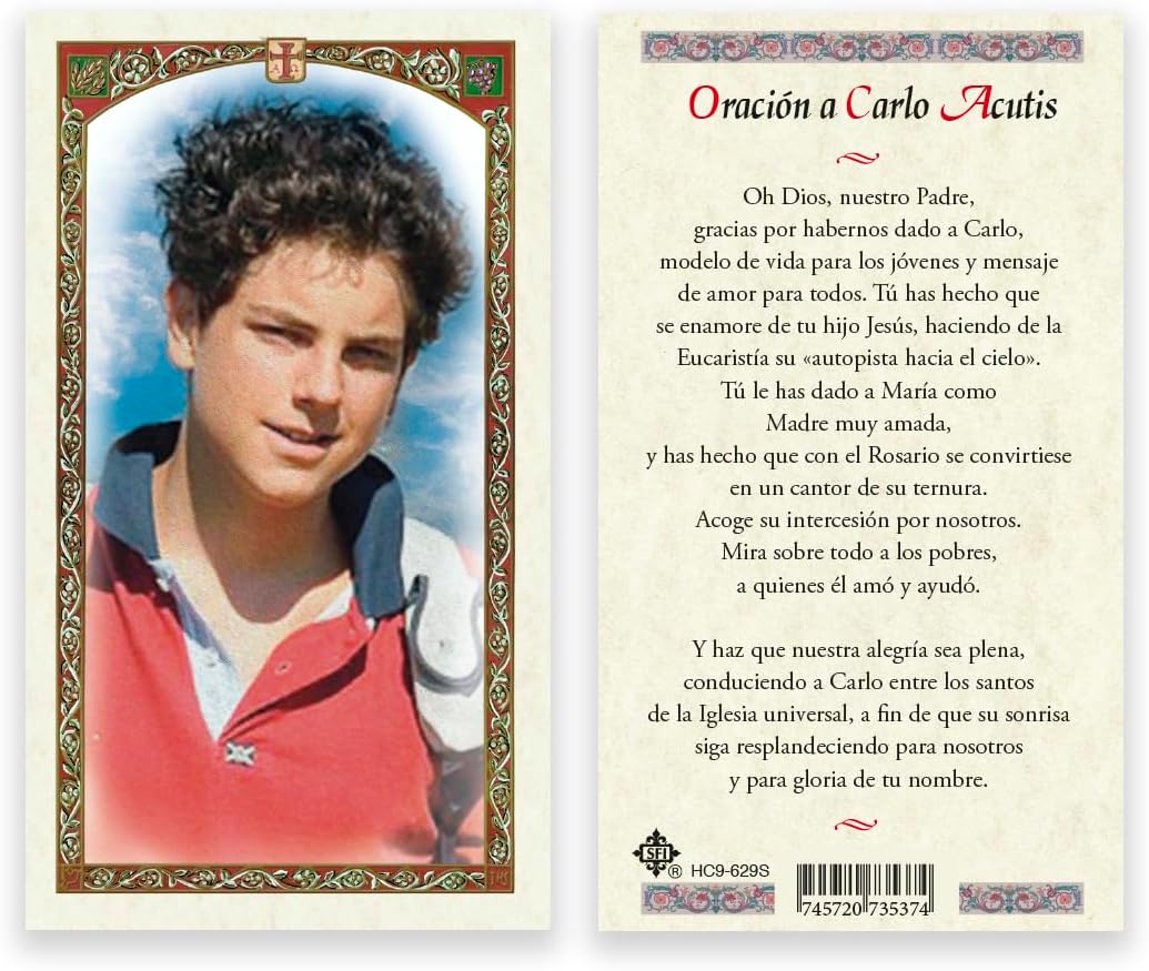 SFI Oracion a Carlo Acutis Laminated Prayer Cards in Spanish - Pack of 25 - Religious Gift