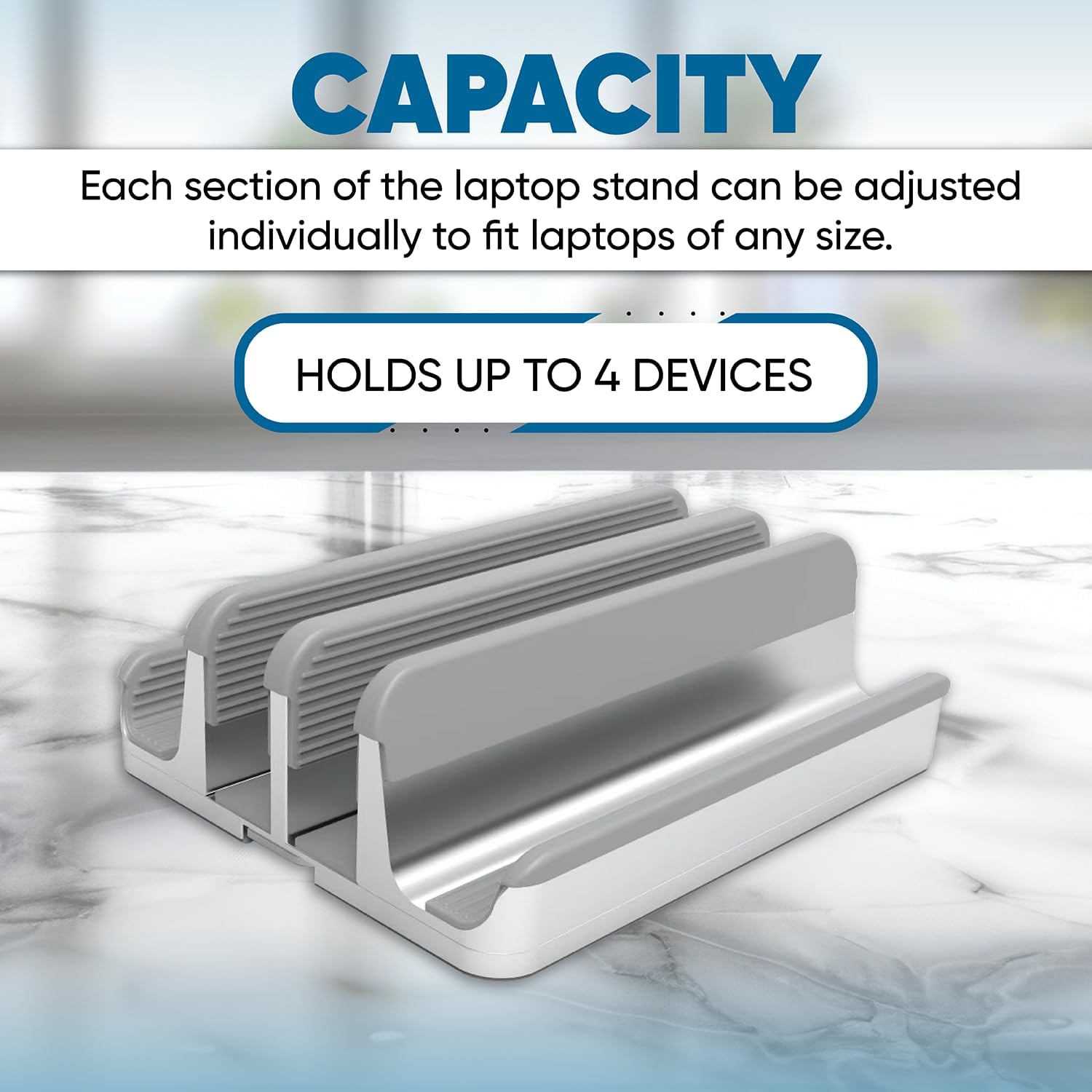 Elestoria 4- Slot Vertical Laptop Stand - Aluminum Laptop Stand Vertical for Desk - Fits MacBook Pro/Air, Surface, Mobiles & Gaming Laptops up to 17.3" - Heavy Duty Laptop Holder for Desk - Silver