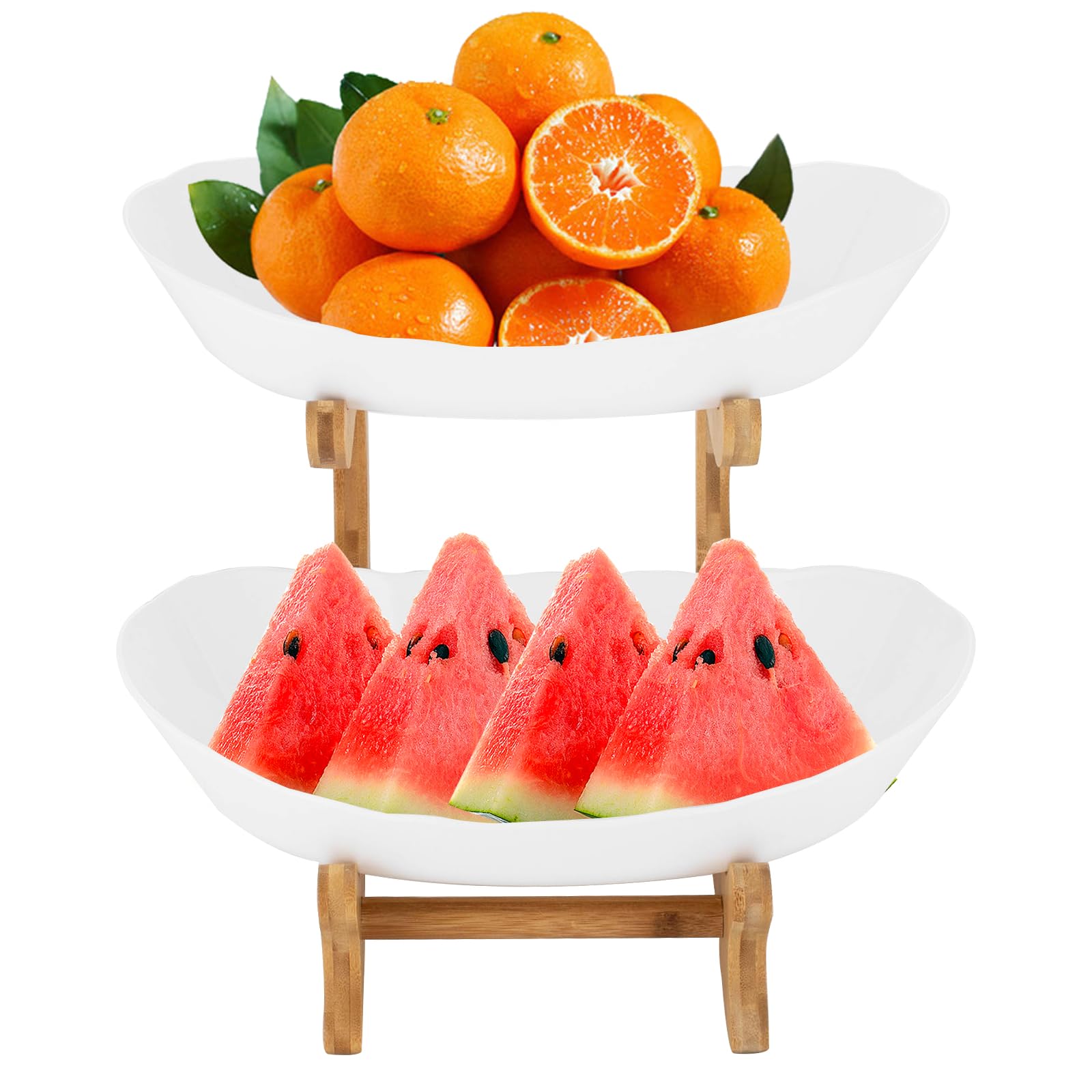 Alzata per frutta, in ceramica, a 2 piani, in porcellana con supporto in bambù naturale, per cene, tavoli da pranzo, matrimoni, feste di compleanno, snack buffet (bianco)