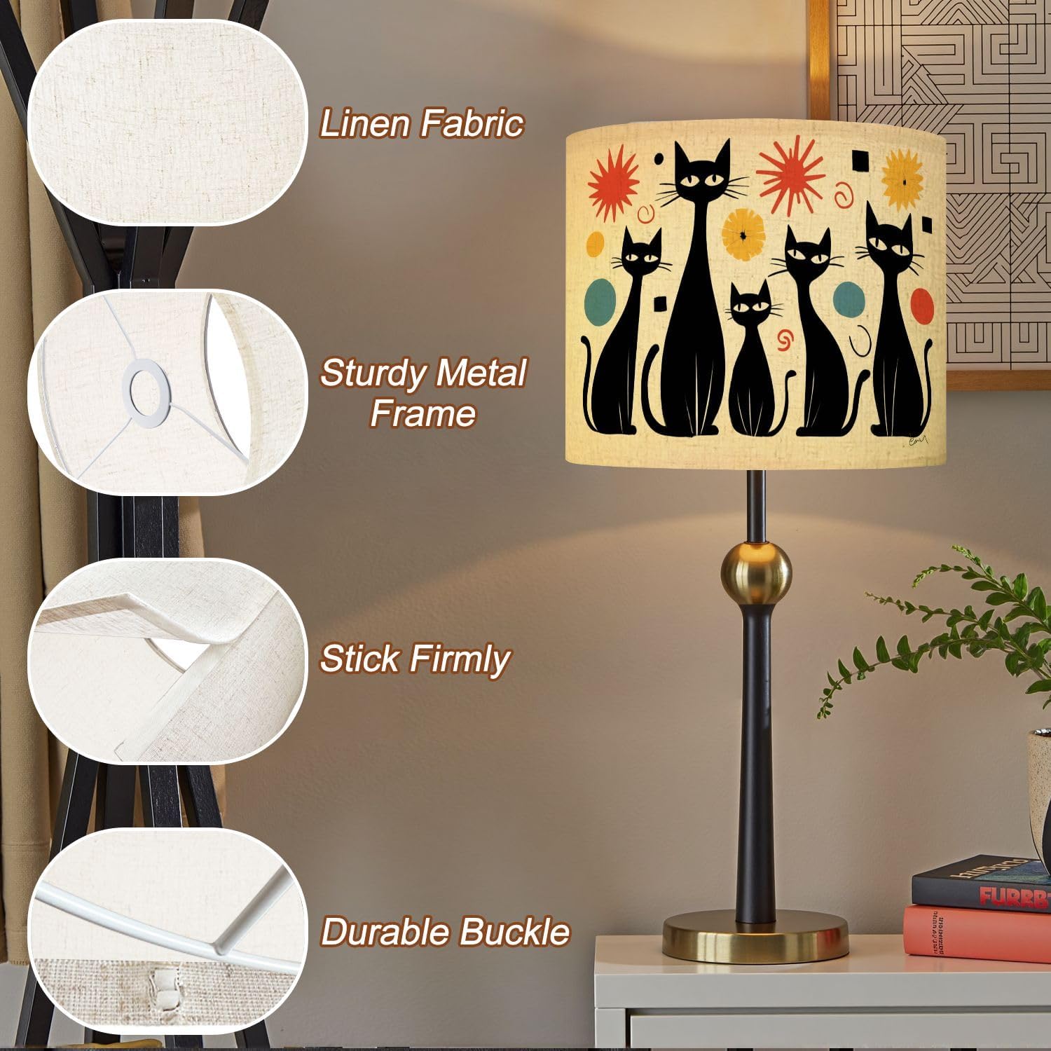 Lamp Shades Large Lamp Shade Mid Century Modern Atomic Cat Diamonds Black Retro Abstract Linen Shade for Pendant Light Table Lampshade Floor Lampshades Drum Boho 1 Pack Replacement