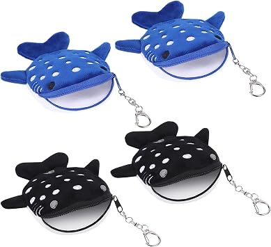 4 Pcs Whale Shark Coin Purse, Whale Shark Gifts Plush Cute Coin Purse, Kawaii Cute Wallet Pouch with Zipper Keychain, Cartoon Pouch Portable Sea Animal Change Purse for Women2Black 2Navy Blue