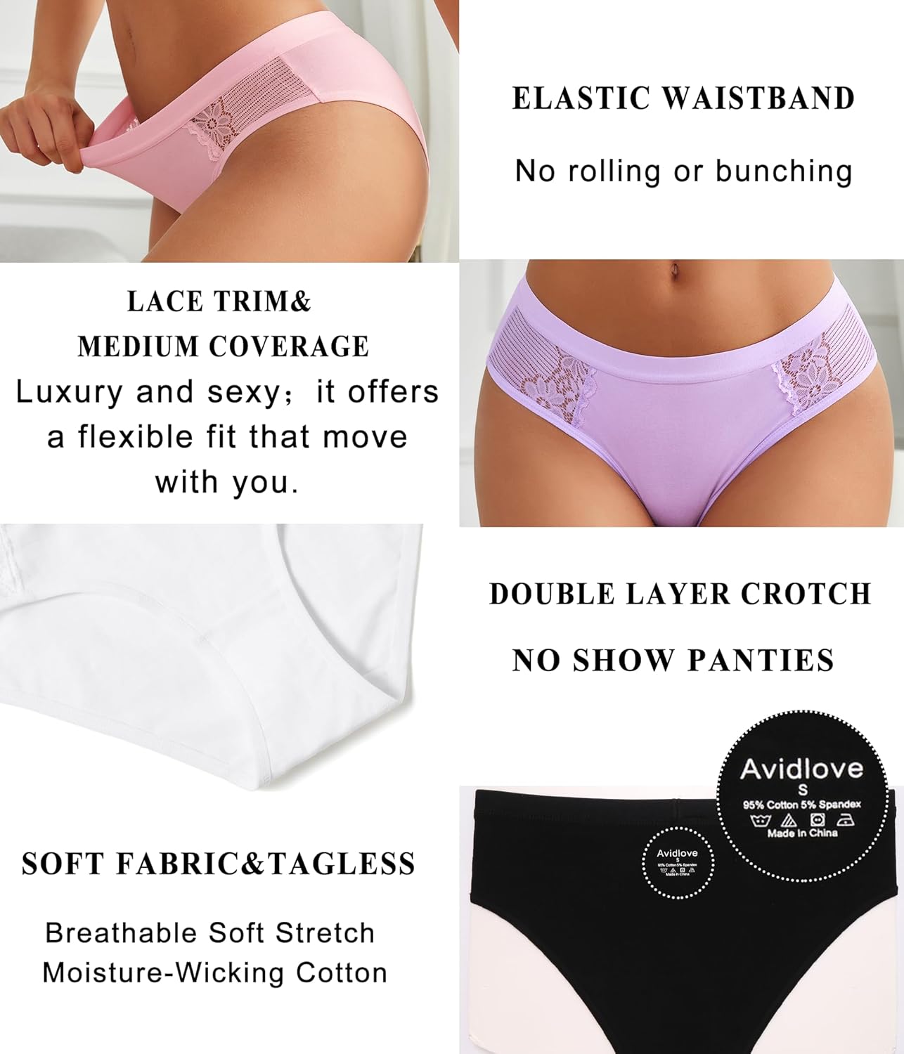 Avidlove Women Cotton Underwear Lace Hipster Brief Panties Ladies Stretch Underpants Multipack - Image 4