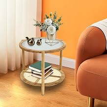 Round Coffee Table, 2-Tier Mid Century Modern Bamboo Side Table, Glass Top with Rattan Storage Shelf, Small Space Center Table, Boho Style Accent Furniture, for Living Room, Bedroom, Balcony, Cafe
