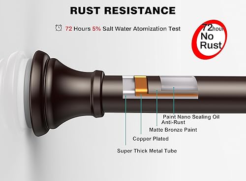 Miniatura 3 de Barras de cortina de ducha de bronce, 43 a 72 pulgadas, resistentes a la corrosión, barra de tensión ajustable con resorte duradero, sin taladrar,