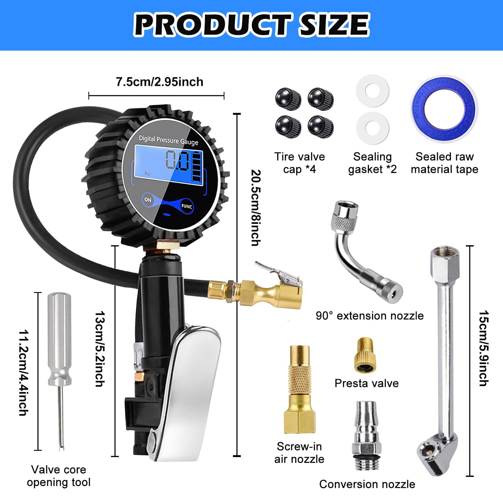 Set di 200 PSI, misuratore di pressione pneumatici, multifunzione, misuratore di pressione pneumatici, calibrato, gonfiatore per pneumatici con diversi pezzi di ricambio, valvola nucleo per auto e