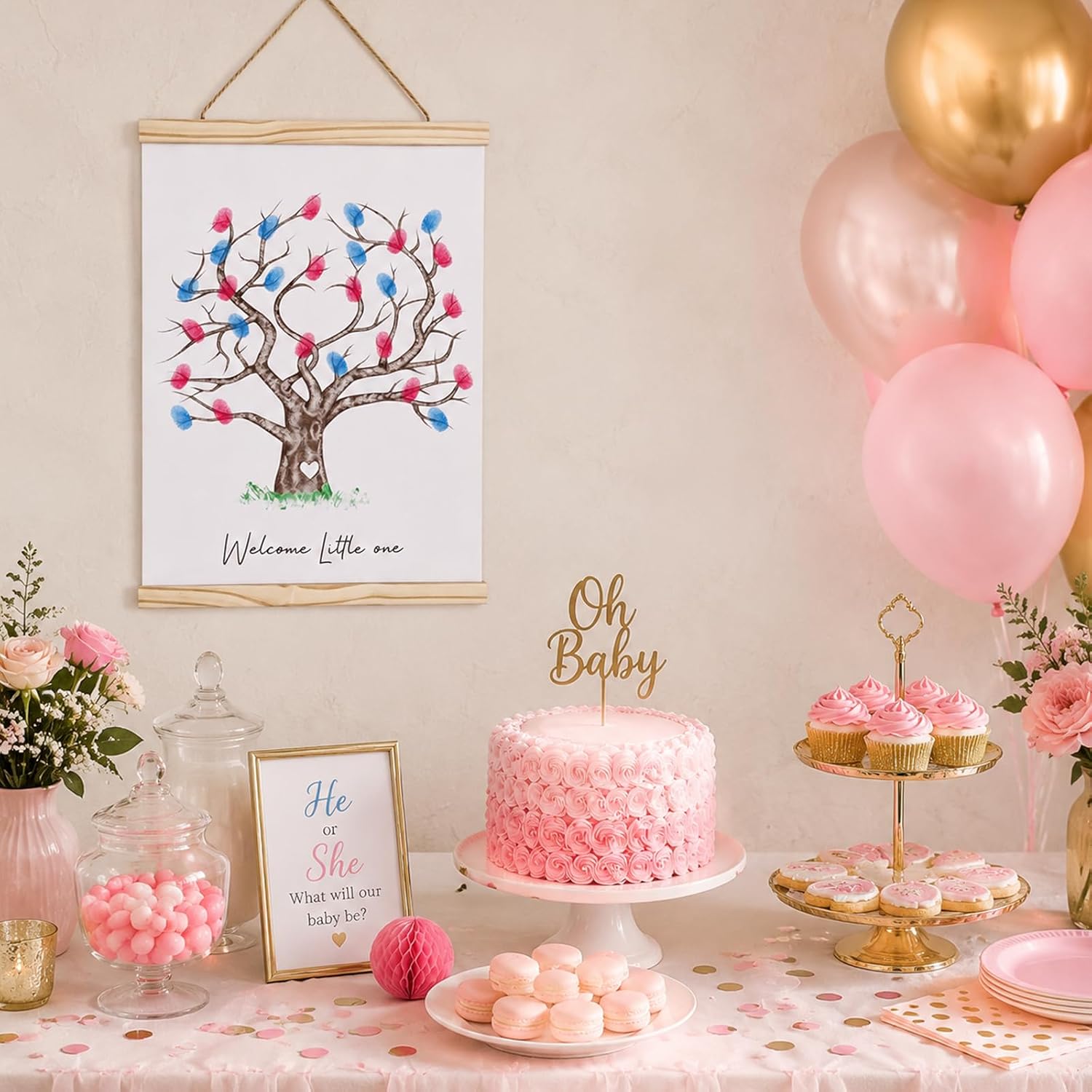 Gender Reveal Fingerprint Tree Canvas Thumbprint Guest Book with 2 Ink Pads