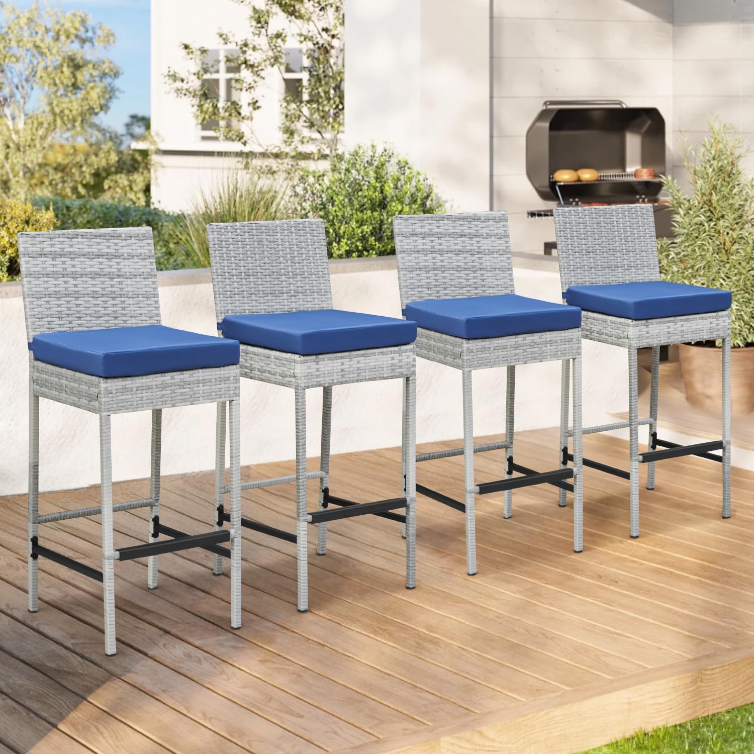 ECOTOUGE Rattan Bar Stools Set of 4, Wicker Woven Patio Stools & Patio Bar Chairs with Seat Cushion and Cozy Footrest, Outdoor Furniture Armless Counter Height for Pool Lawn Porch Backyard(Grey/Blue)