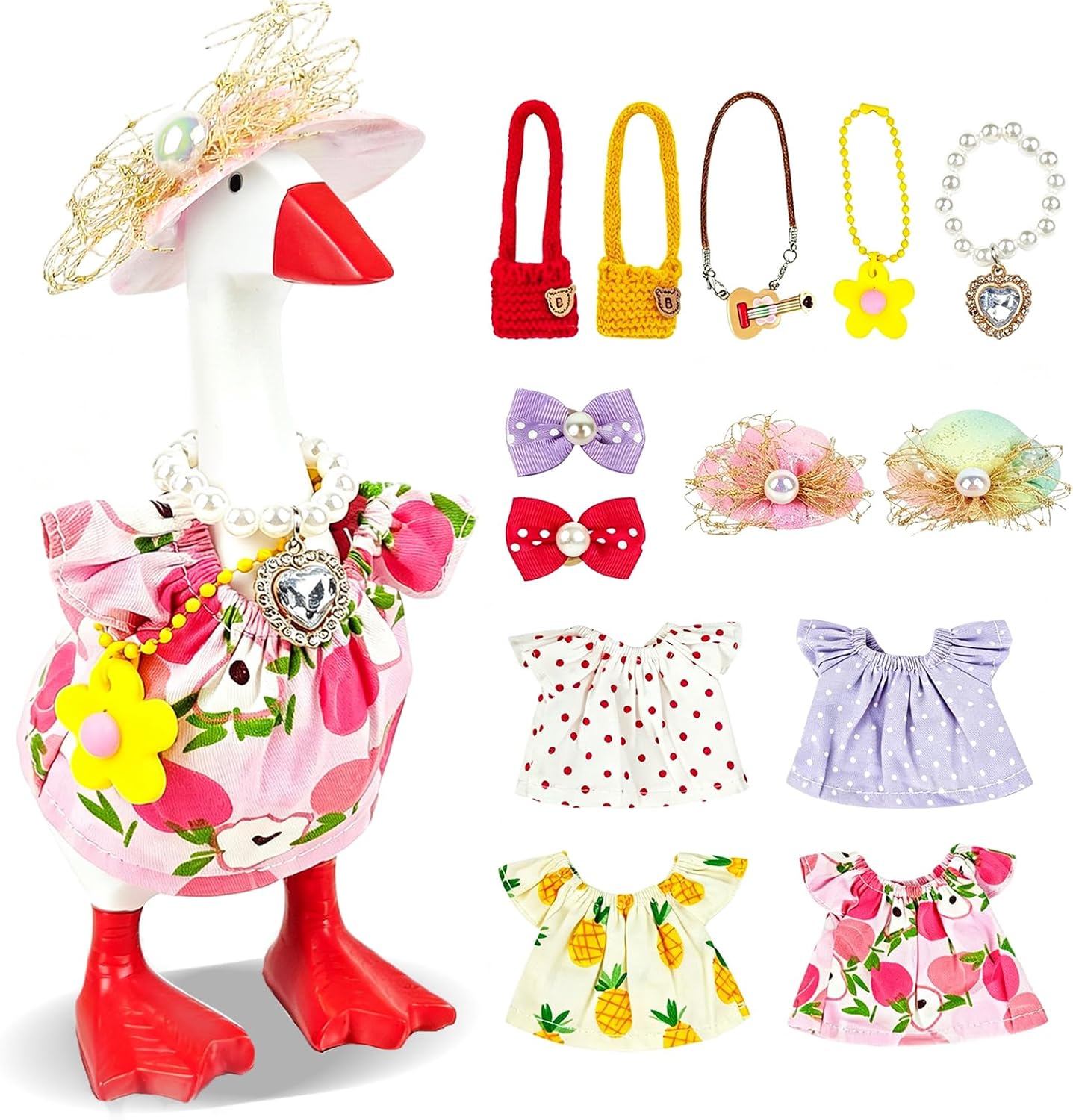 Desk Goose Summer Outfits 7 Inches, 4 Sets Funny Desk Goose Clothes with Hats, Dresses, Necklace, Bags Cute Mini Desktop Duck Geese Accoessories