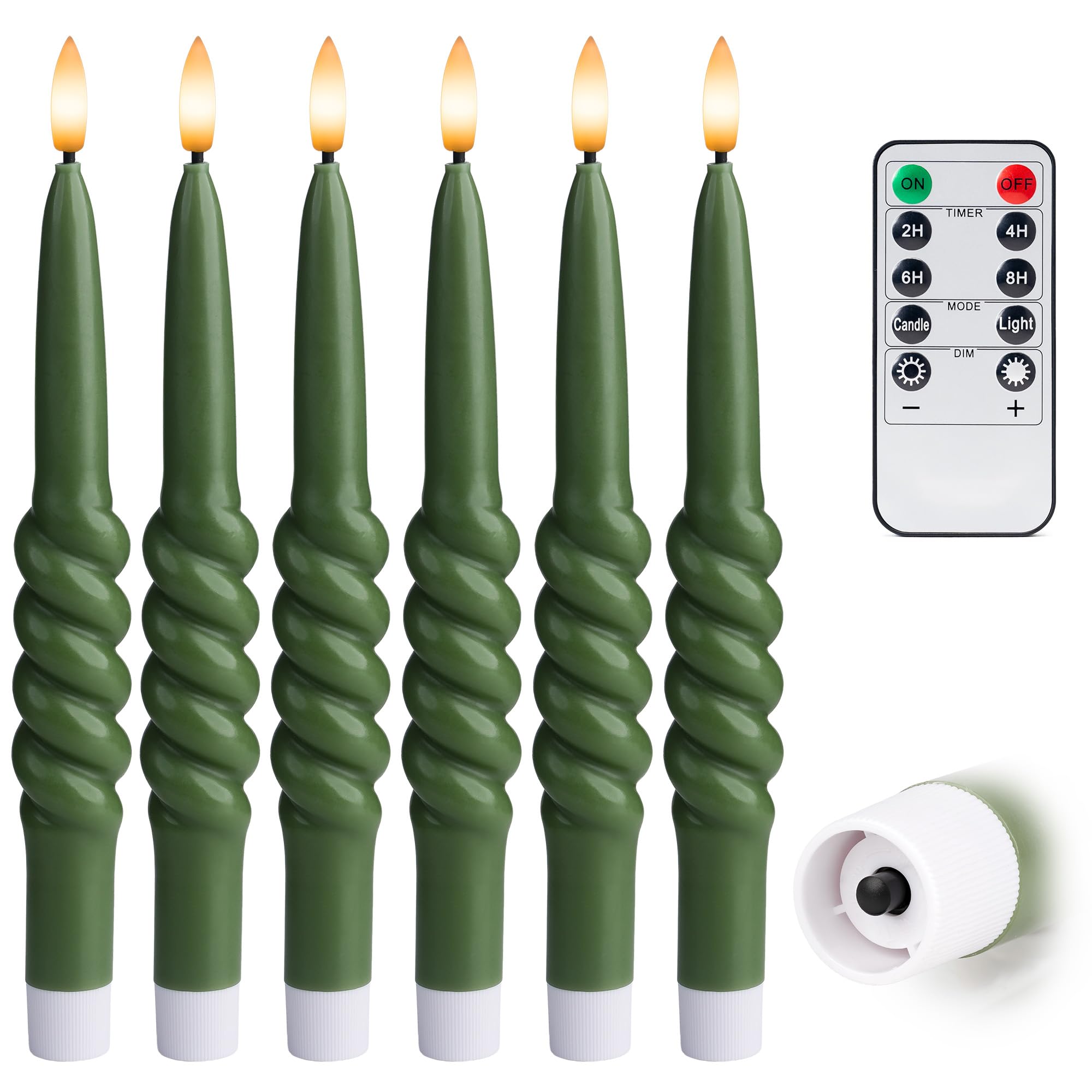 Bougies coniques DEL vert loden à intensité variable et minuterie - 6