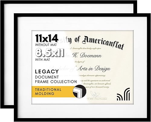Americanflat Marco de diploma de 11 x 14 pulgadas con vidrio inastillable, juego de 2 unidades, para uso como marco de 8.5 x 11 pulgadas con