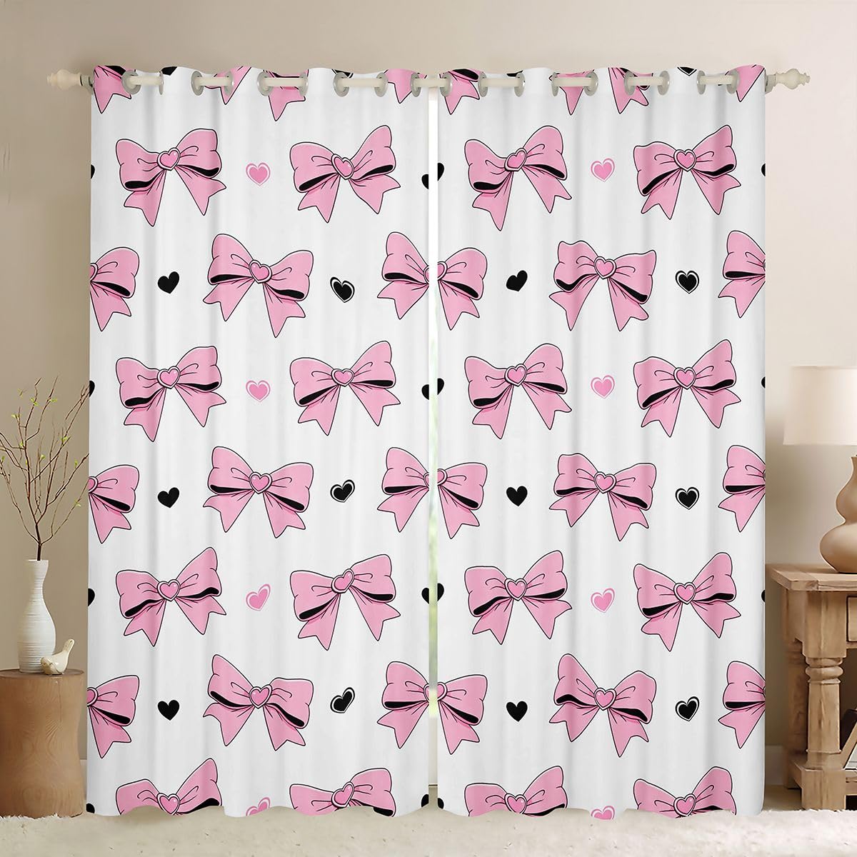 Homewish Czarno-różowa kokardka kawaii zasłony okienne księżniczki, 132 x 160 cm, 2 zestawy paneli - miłosne serca zasłony zaciemniające, kokarda, urocze zasłony okienne, marzycielskie do sypialni