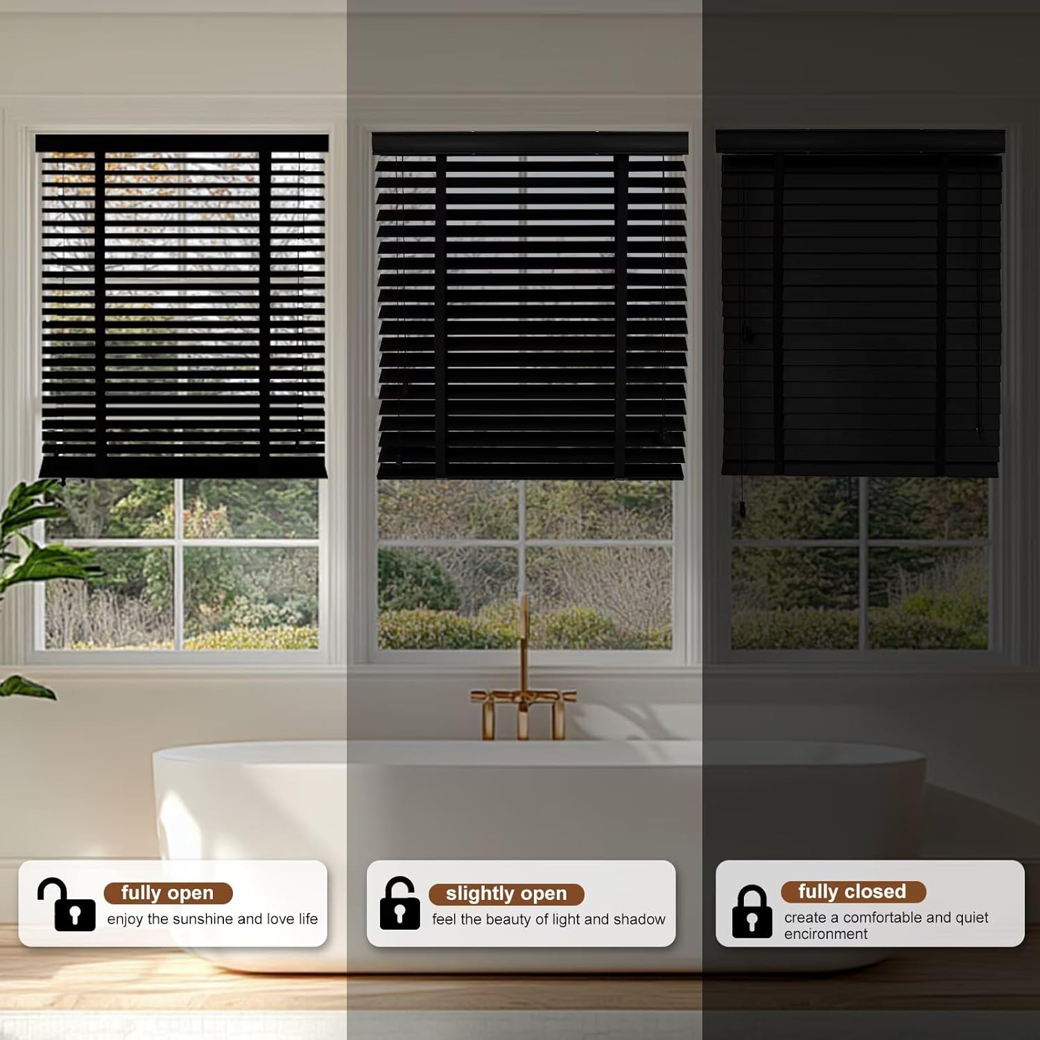 2” Slats Blackout Wood Blinds for Indoor Windows, Solid Wooden Blackout Blinds Blackout Shades, Horizontal Blinds Easy Install for Living Room Bedroom & Office 34x60inch