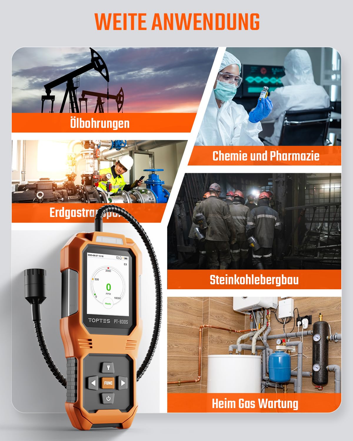 TopTes PT-830S Wiederaufladbarer Gasmelder mit 36,8cm Sonde, Bereich 0-10000 ppm, TFT-Farbdisplay mit 3 Alarmtypen, Hohe Empfindlichkeit gaslecksuchgerät für Propan, Methan für Haushalt oder Industrie