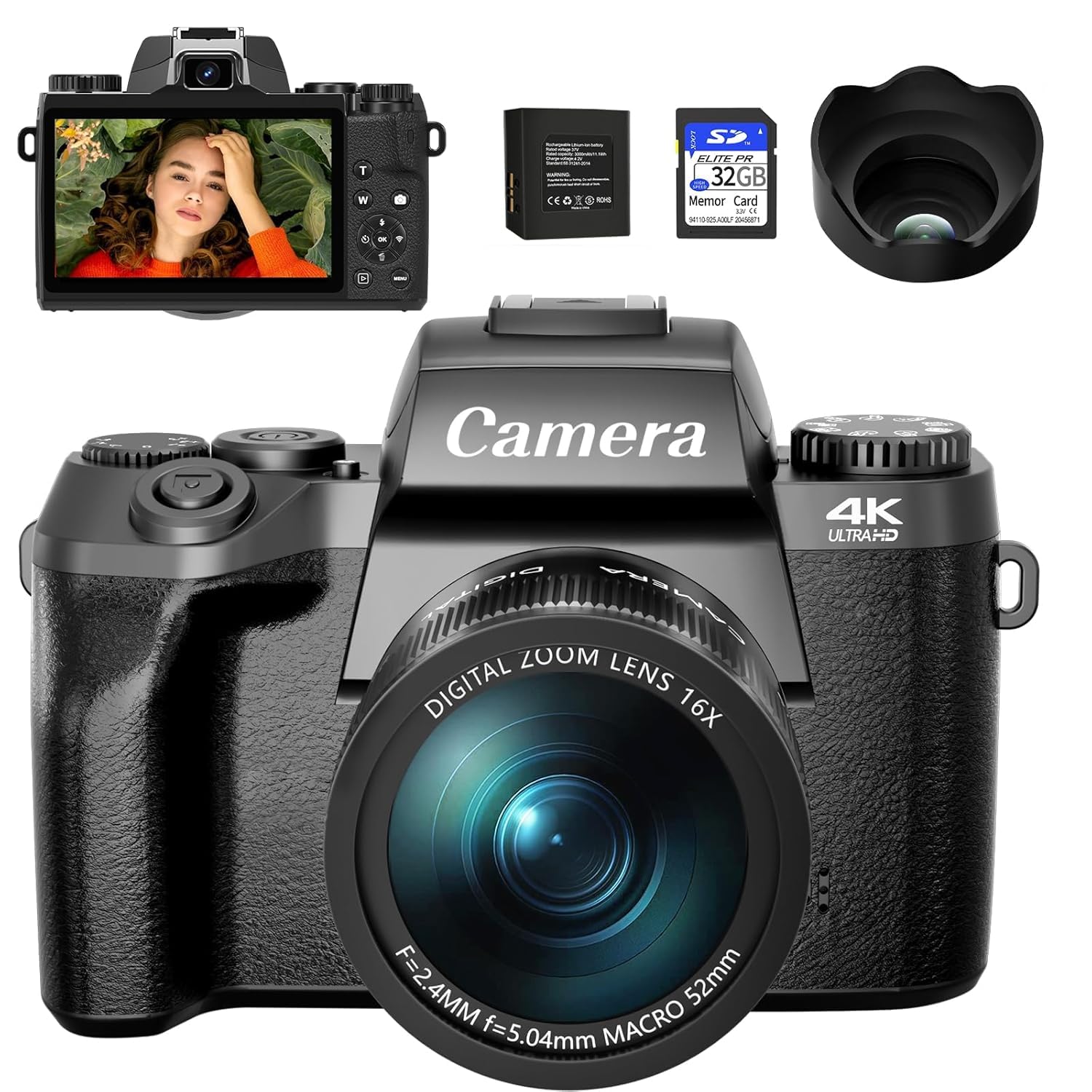 Digital Camera, 4K Cameras for Photography and Video, 64MP WiFi Touchscreen, Vlogging Camera for YouTube with Flash, 32GB Card, Sunshade, 3000mAh Battery, Front Cameras (CAM02)-picture-24