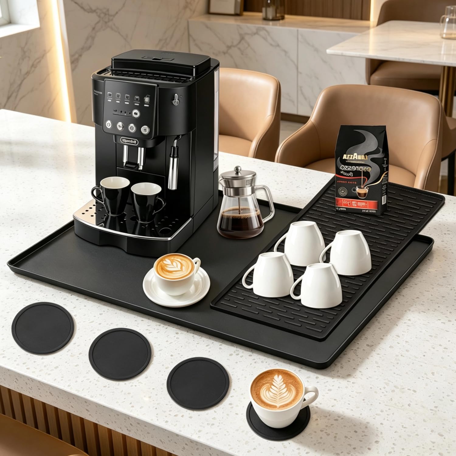 2-in-1 Silikon Unterlage Kaffeemaschine mit Rand 60×40cm + 4 Untersetzer | Mehrzweck Silikon Kaffeematte für arbeitsplatte, Rutschfest Unterlage kaffeevollautomat for kaffeemaschinen, abwischbar