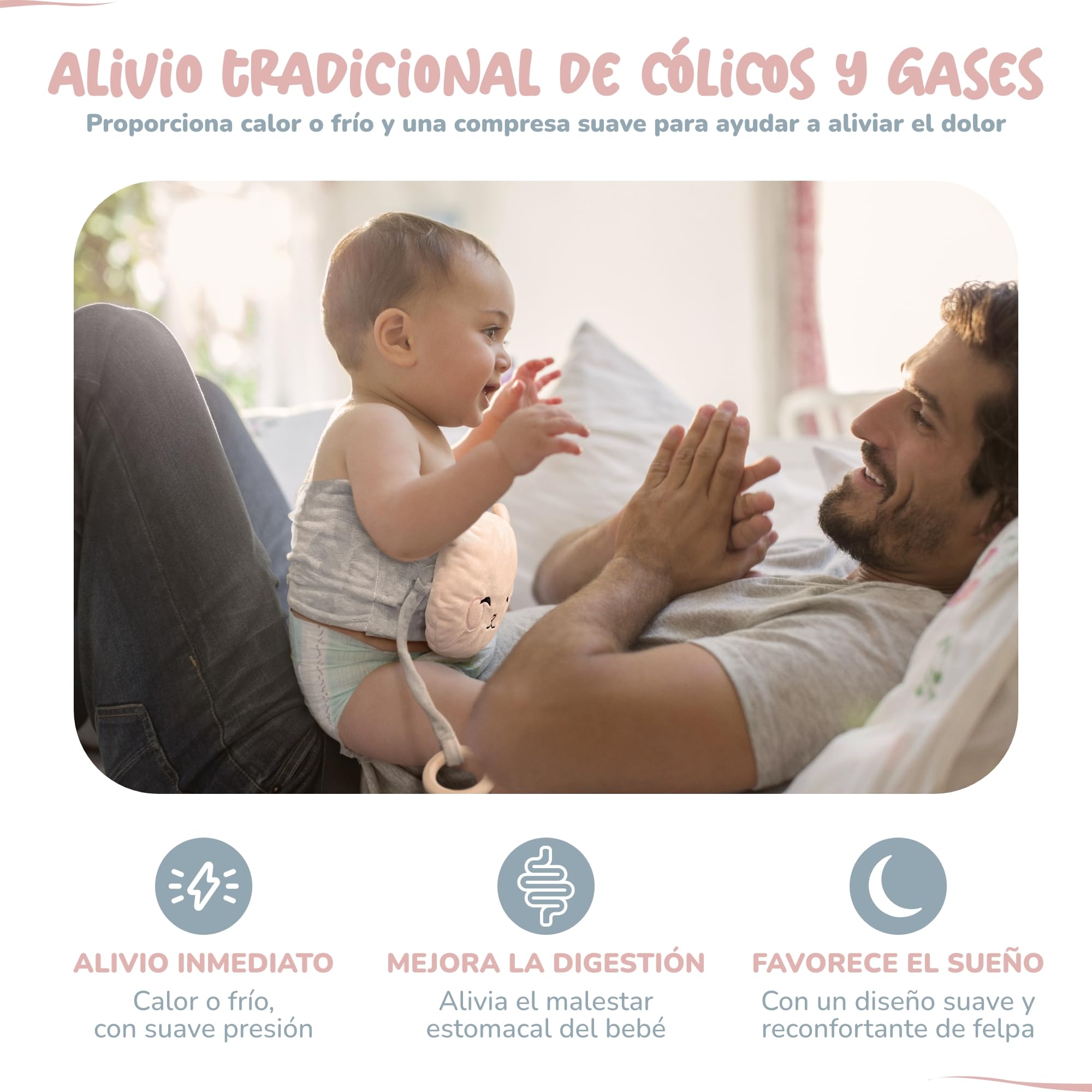 Alivio de Cólicos y Gases para Bebés - Calor y Frío - Almohadilla de Arcilla para Barriguita y Reflujo - CE Certificado - Mordedera de Madera, Banda de Peluche, Infantes