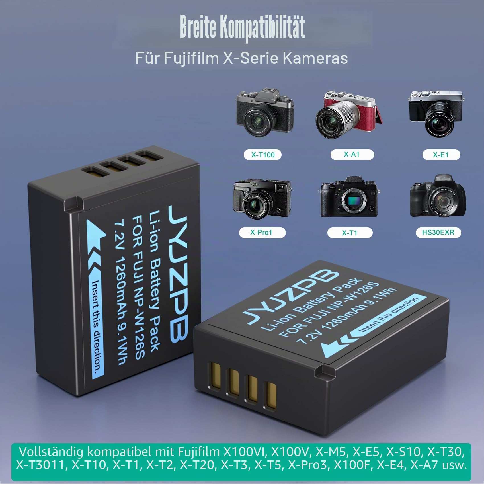 JYJZPB 2 x NP-W126S NP-W126 Ersatz Akku mit Ladegerät für Fujifilm Kamera X100V X100VI X-T50 X-M5 Fuji X-T20 X-T10 X-T30 X-T100 X-T200 X-T3 X-T2 X-T1 X-A5 X-A10 X-A7 Akku Pack