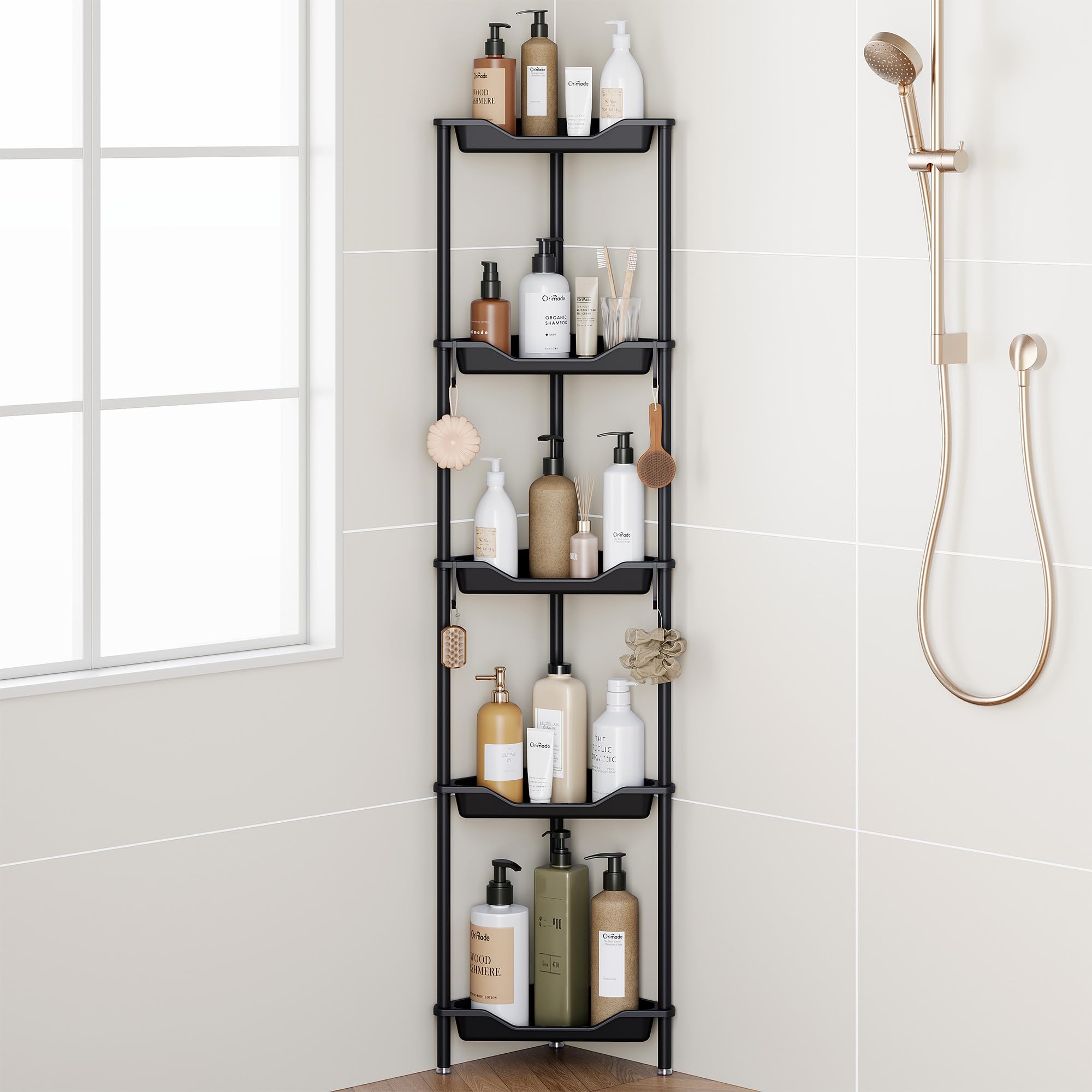 Orimade Organizador de ducha de esquina de 5 niveles a prueba de óxido, estante de esquina de plástico de aluminio para baño, color negro