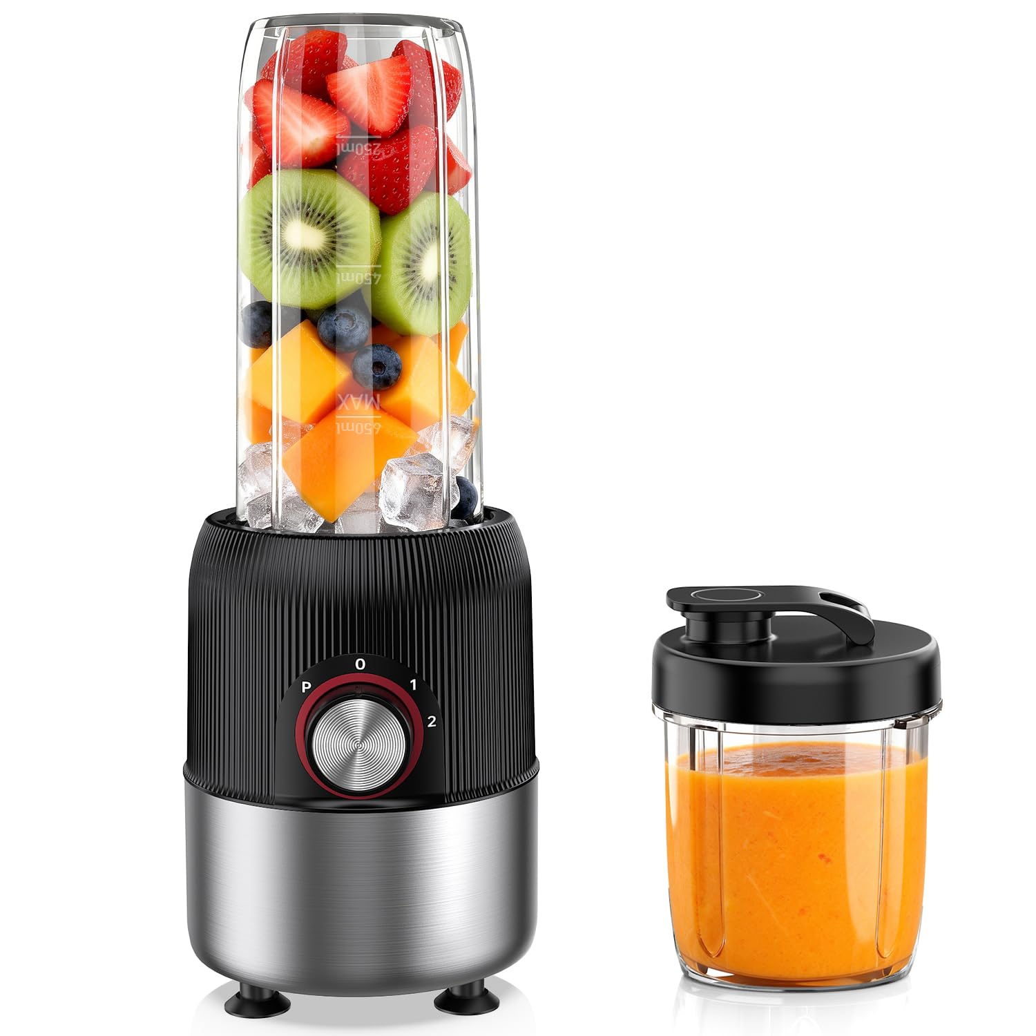 Ombrex Standmixer 500W & Smoothie Maker, Kompakter Blender für die Küche, 2 Mixbecher 750ml & 200ml, BPA-frei, Mixer für Smoothies, Eis & Babynahrung