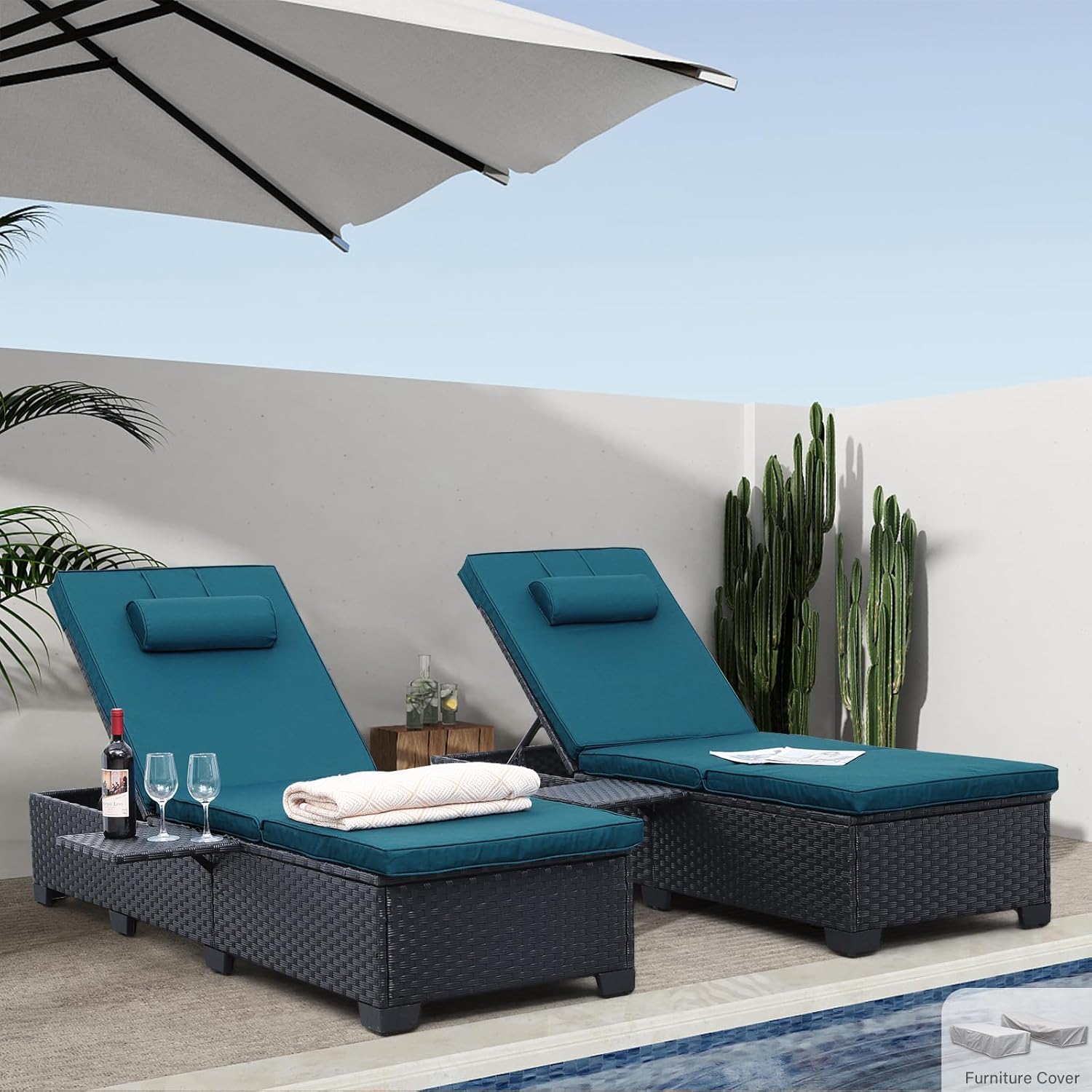 WAROOM Outdoor Chaise Lounge Chairs for Outside Patio Furniture Set of 2 Wicker Recliner Black Rattan Sunbathing Lounger Adjustable Backrest Pool Reclining Chair, Peacock Blue Cushion
