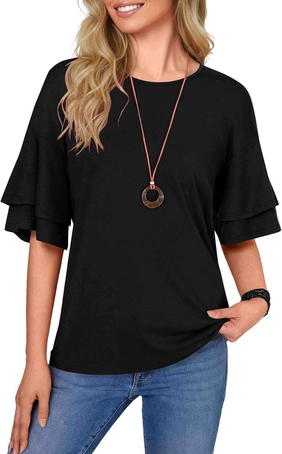 OPOIPIN Women's Ruffle Short Sleeve Round Neck Loose Fit Dressy Casual Blouse Top - Image 2