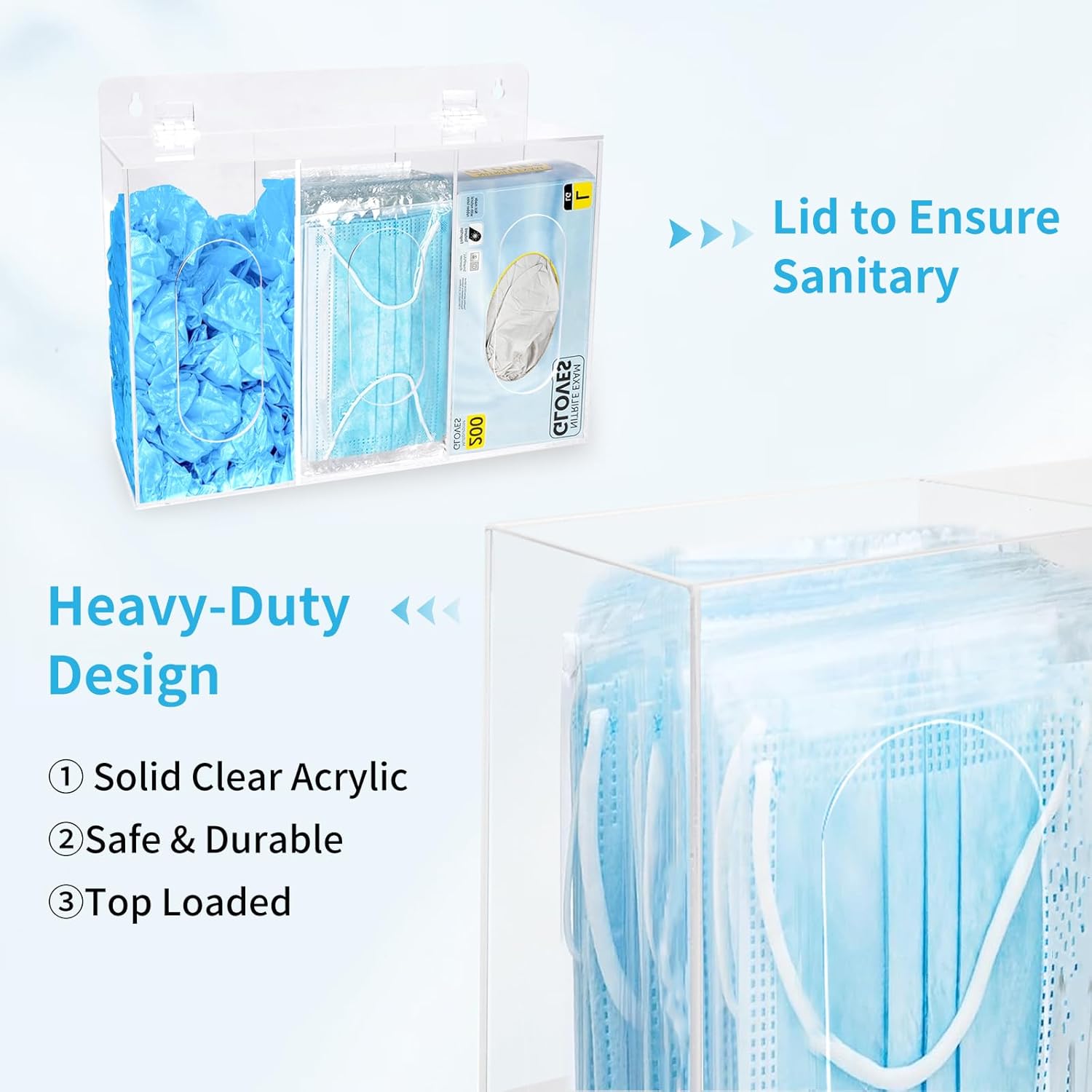 Face Mask Dispenser Box,3 Compartment Acrylic Gloves Holder Hygiene Station with Lid, Shoe Cover and Hairnet,Wall Mount Holes or Tabletop Holder