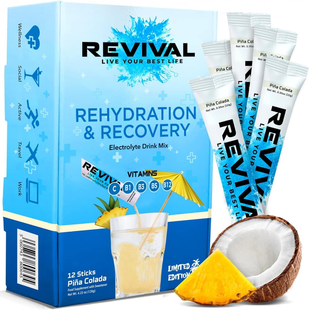 Revival Shots Rapid Rehydration, Electrolytes Powder - High Strength Vitamin C, B1, B3, B5, B12 Supplement Sachet Drink, Effervescent Electrolyte Hydration - 12 Pack Pina Colada (12 Count (Pack of 1))